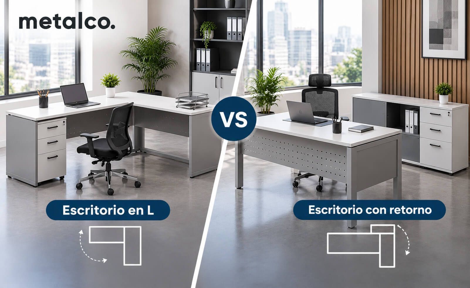 escritorio en L vs escritorio con retorno, diferencia entre escritorio en L y con retorno, qué es un