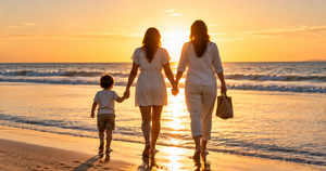 Family walking together on a Gold Coast beach at sunset