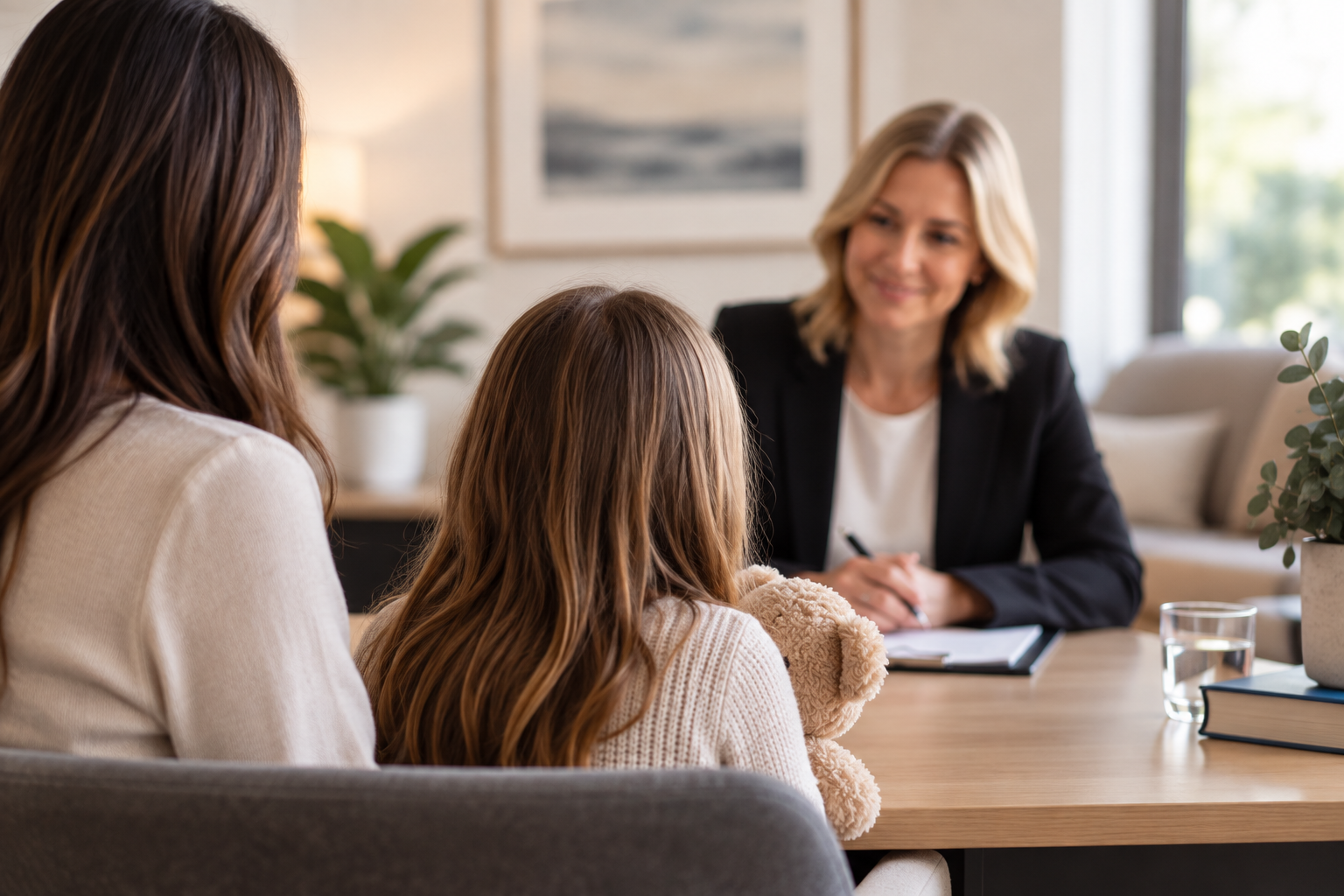 Mother and child meeting with a family law professional about a Family Report and parenting proceedi