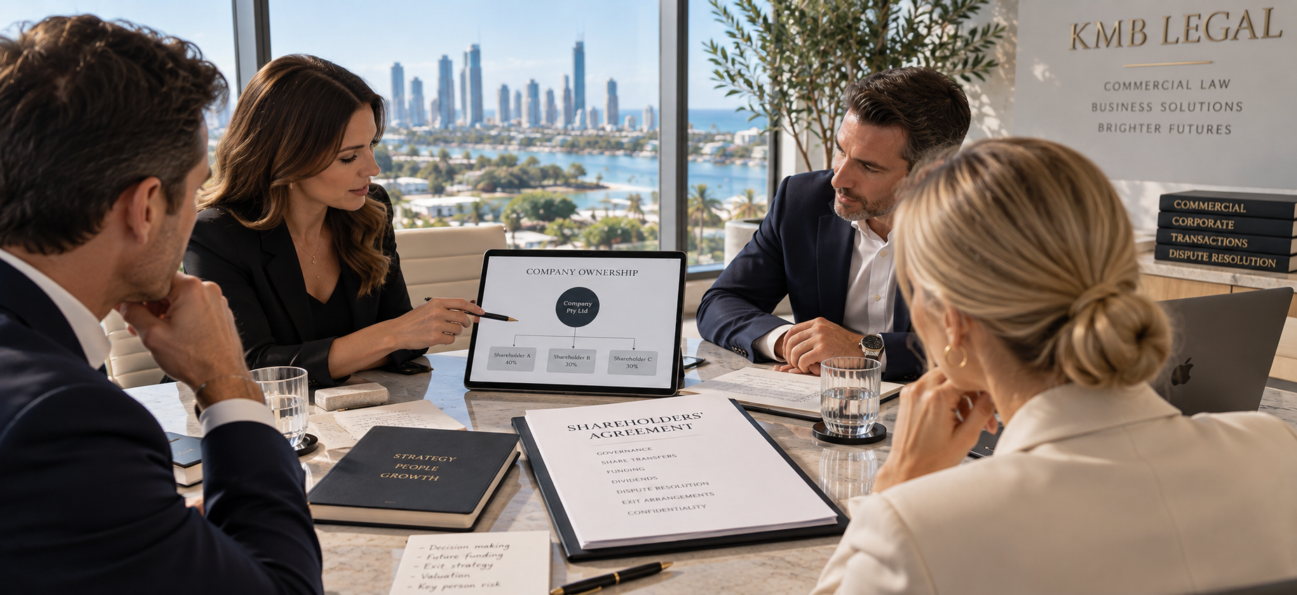 Business owners reviewing a shareholders agreement and company ownership structure on the Gold Coast