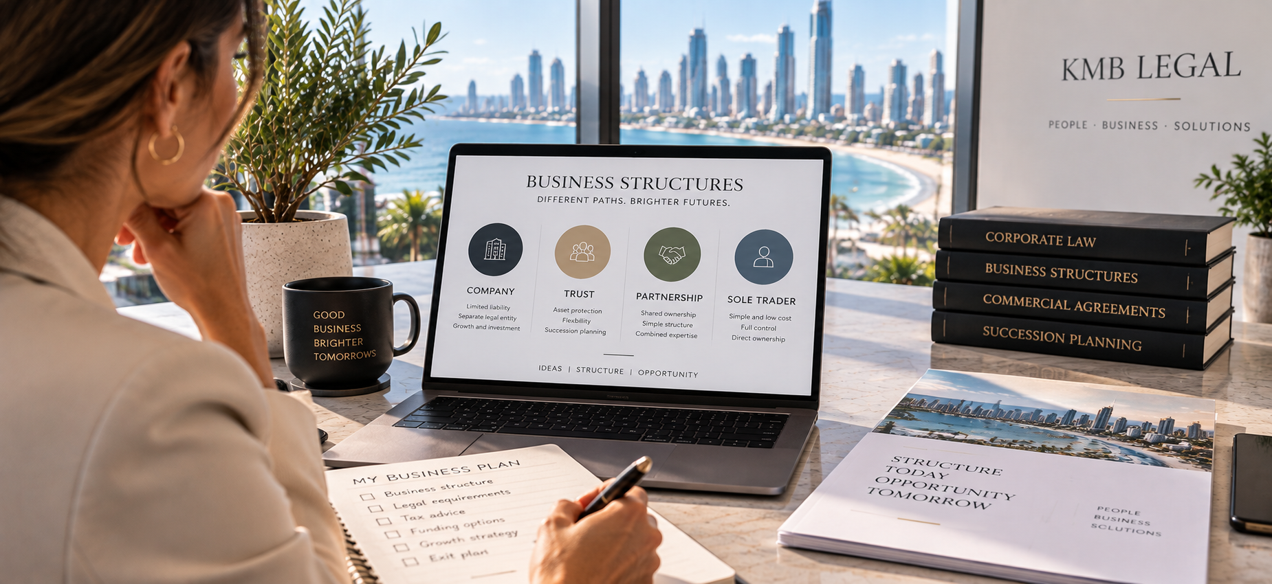 Business owner comparing company trust partnership and sole trader business structures in Australia
