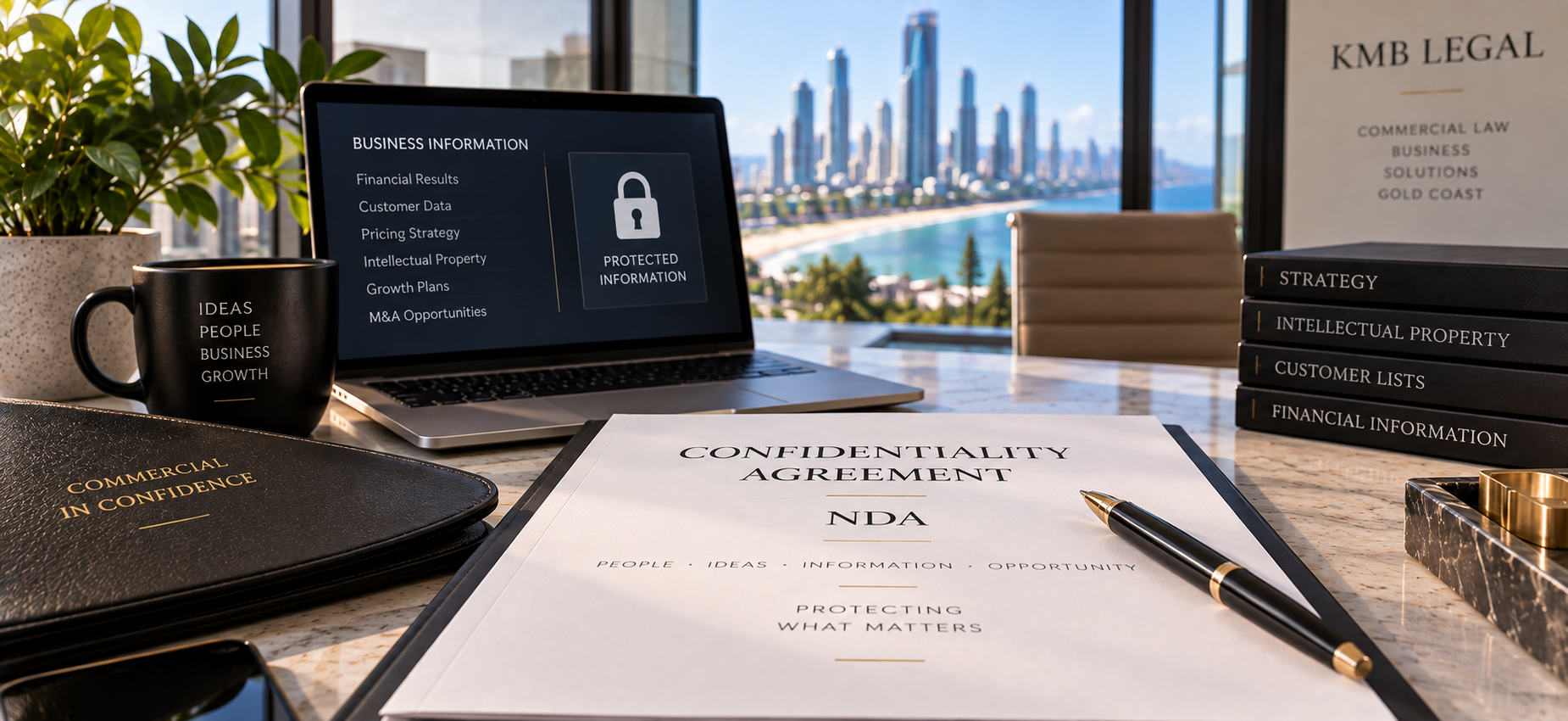 Confidentiality agreement and NDA protecting sensitive business information in a Gold Coast office