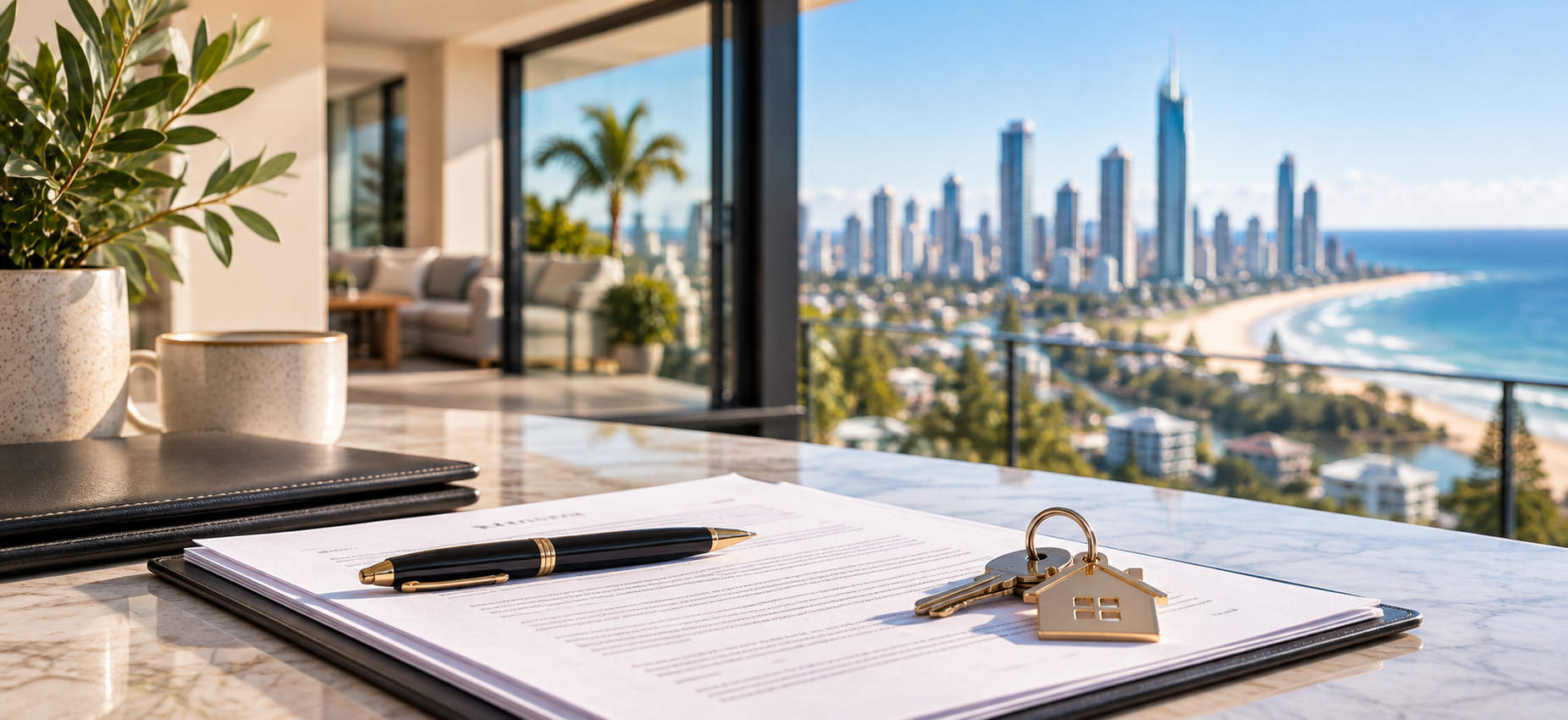 Queensland property purchase contract and house keys overlooking the Gold Coast