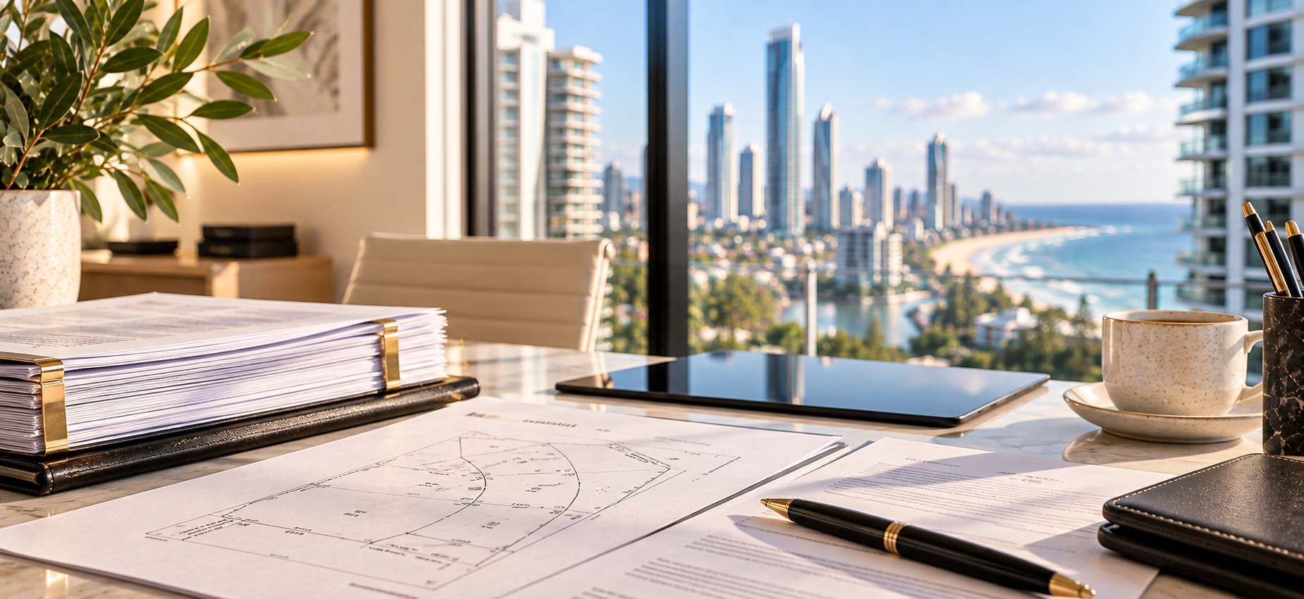 Queensland property disclosure documents and survey plan in a Gold Coast legal office