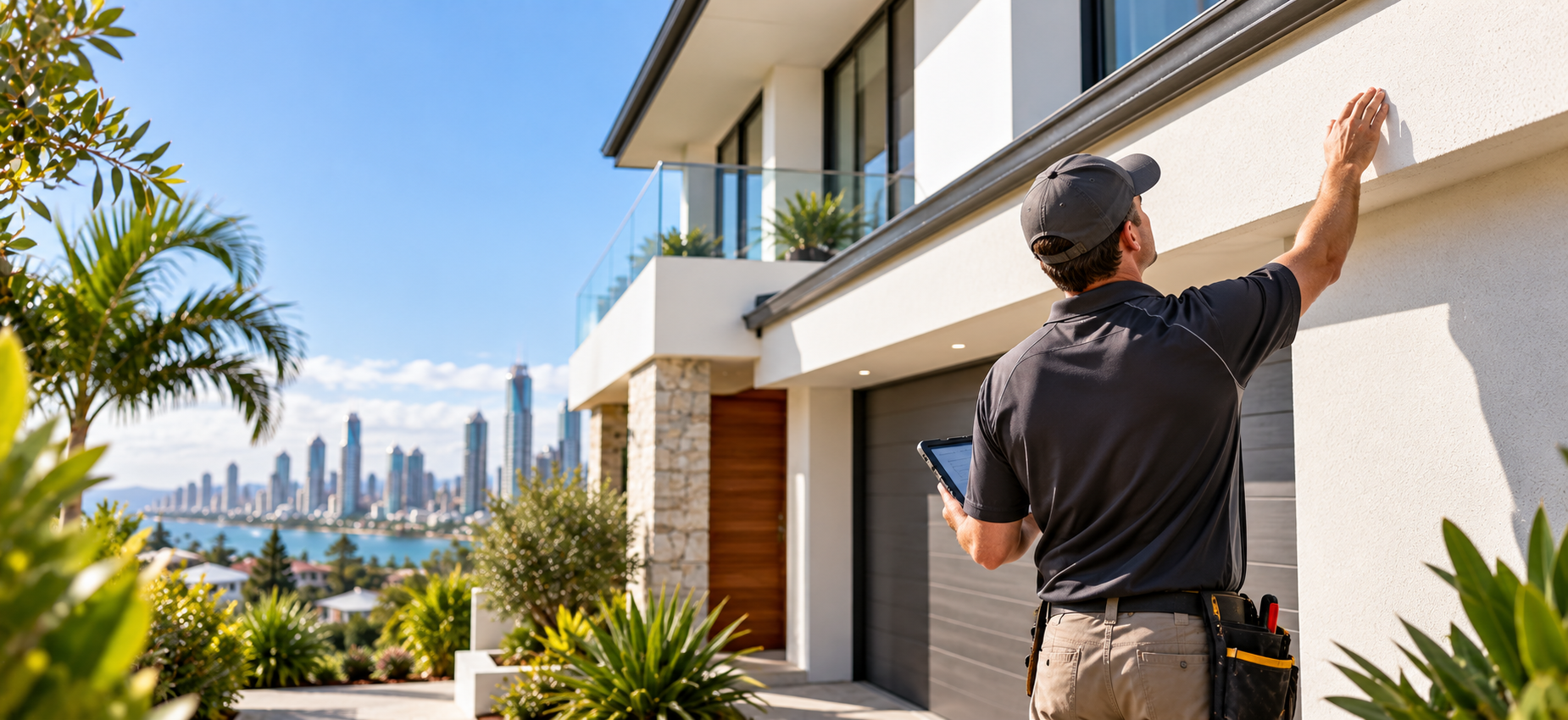 Building inspector examining a modern Gold Coast home before a Queensland property purchase