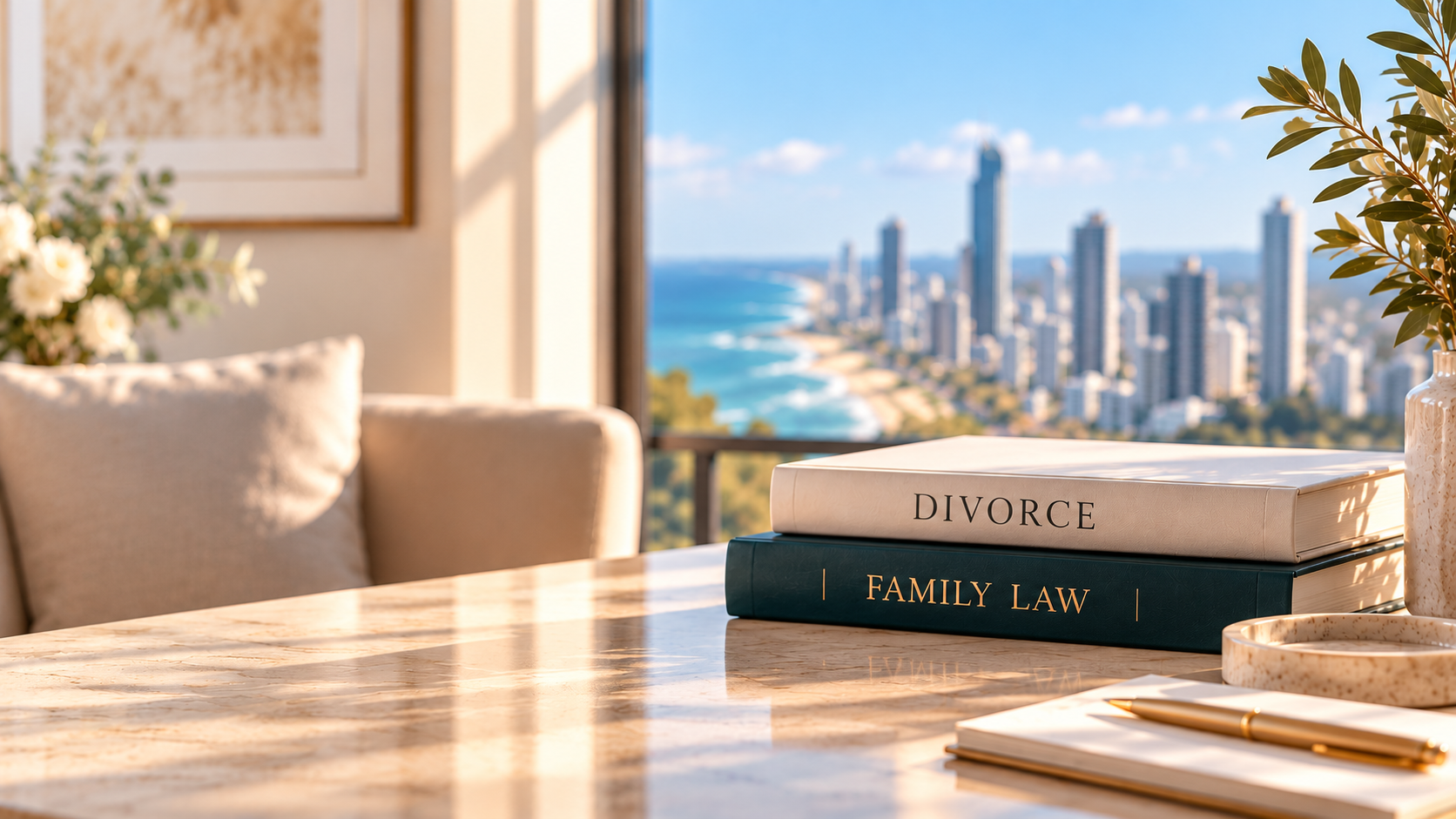 Divorce and family law books overlooking the Gold Coast skyline