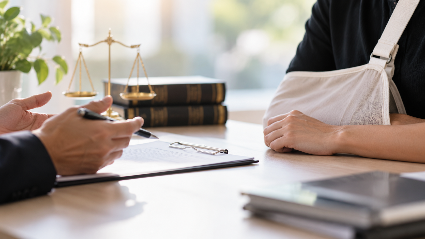 Personal injury lawyer discussing a compensation claim with an injured client
