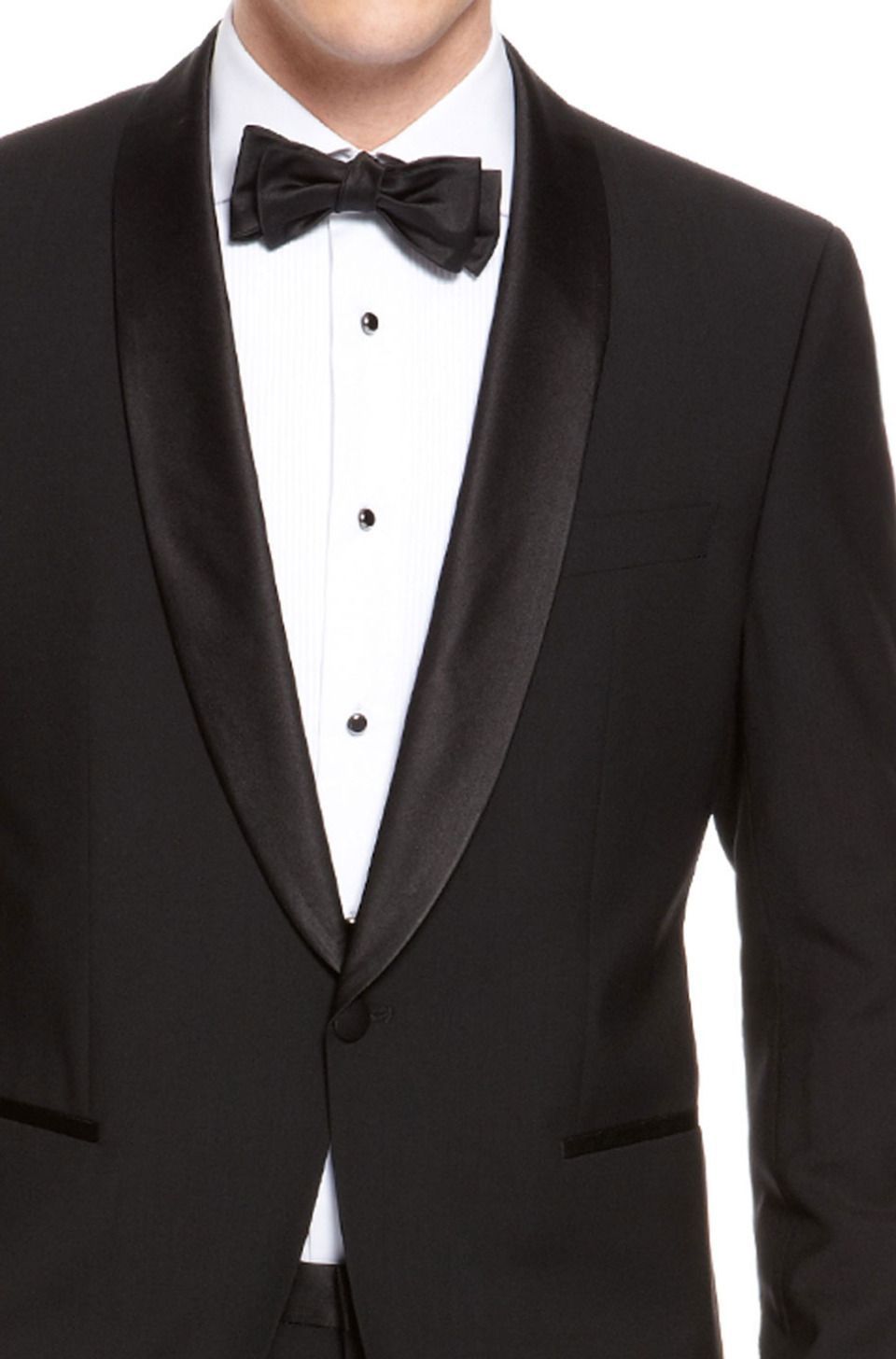 Black tuxedo jacket with white dress shirt and black bow tie