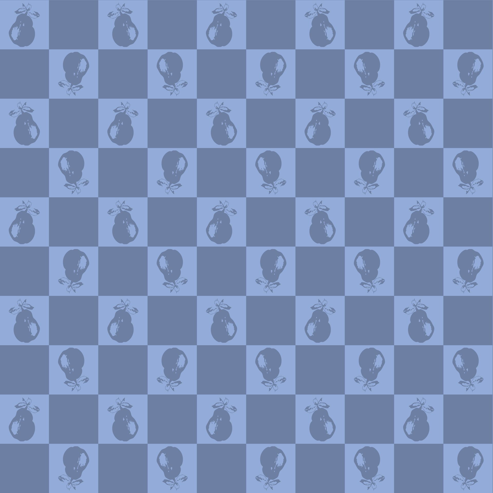 A seamless pattern of pears on a blue checkered background.