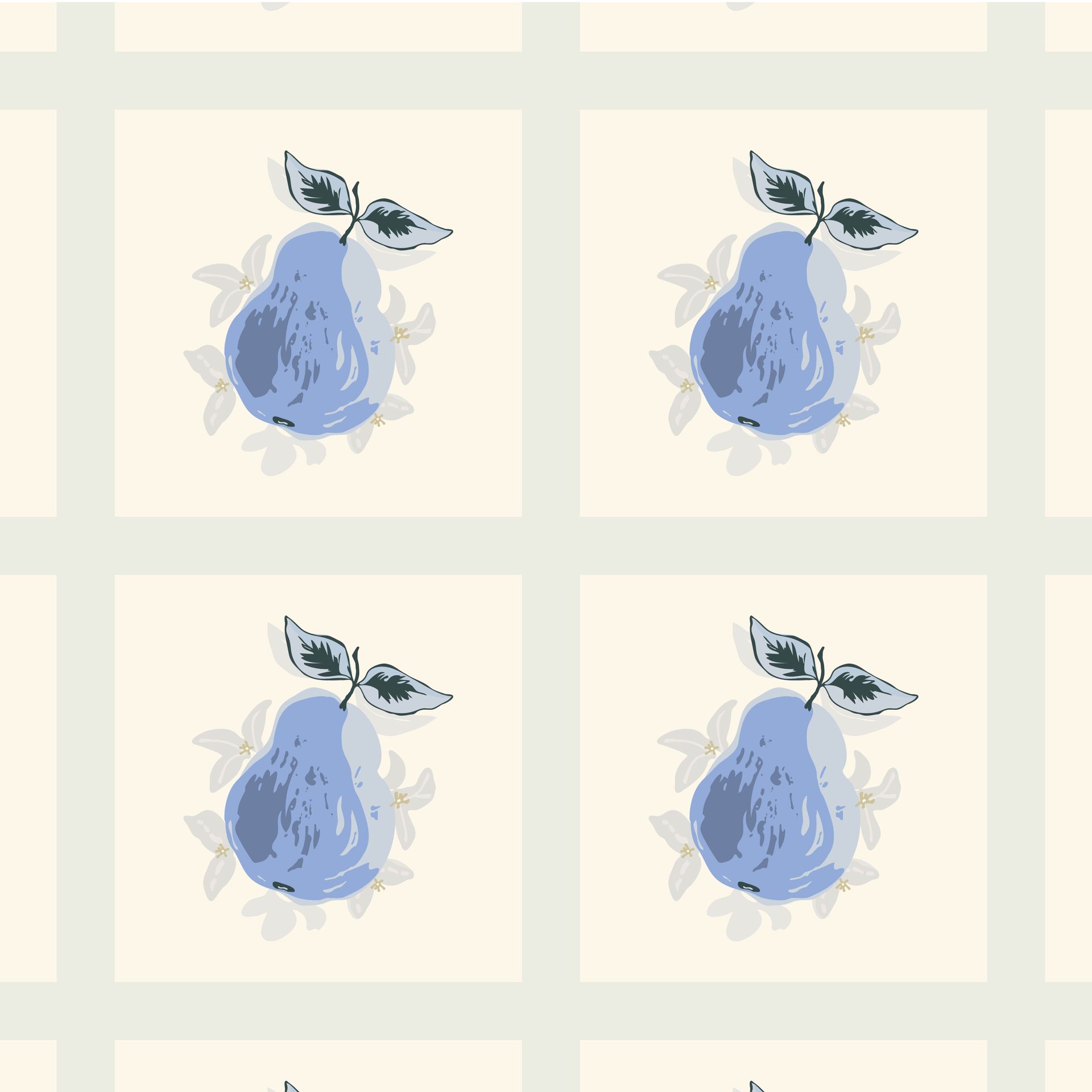 A seamless pattern of blue pears with leaves on a white tike background.