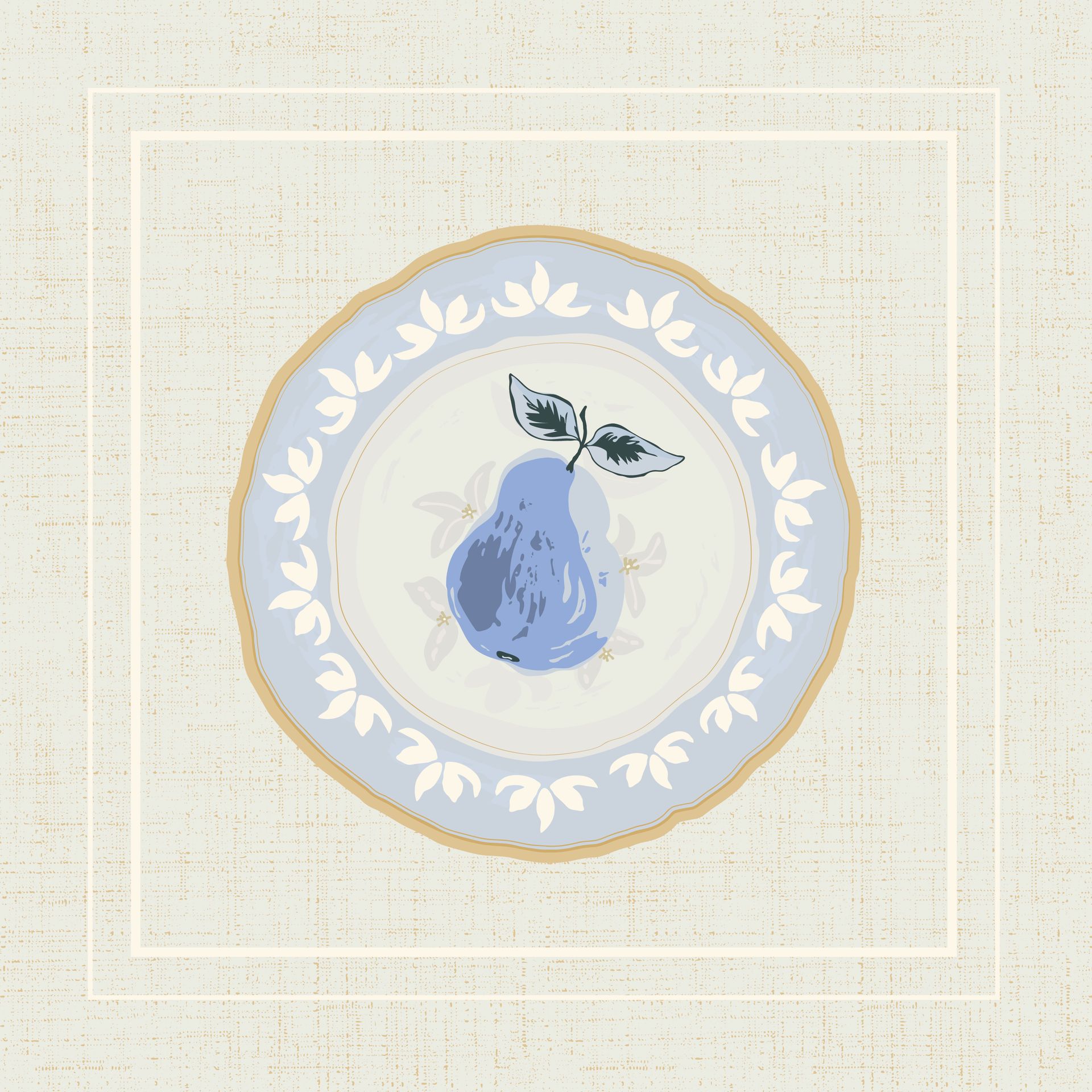 A vintage fruit plate with a blue pear on it in Ice Out colorway.