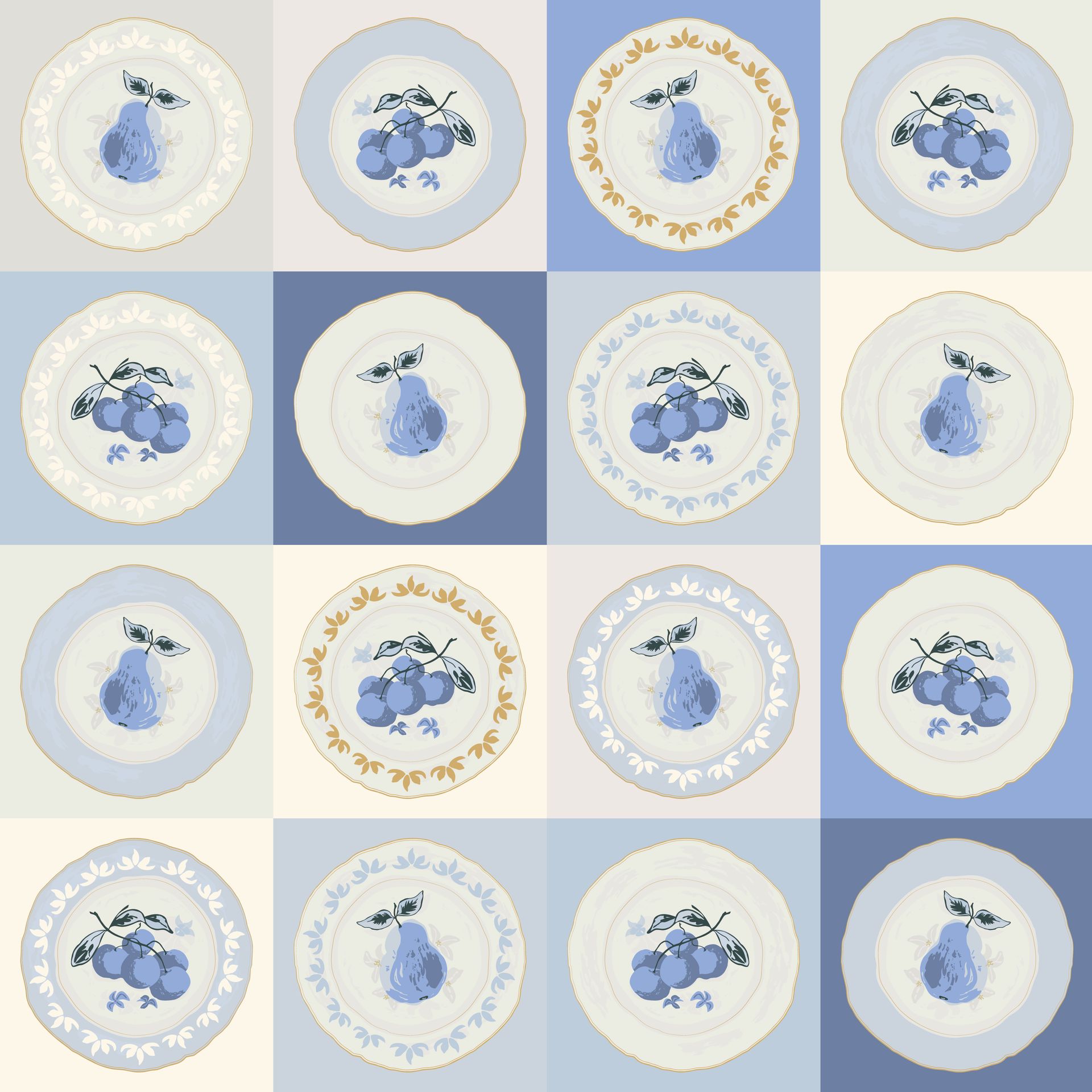 A pattern of plates with pears and crabapples on them in Ice Out colorway.