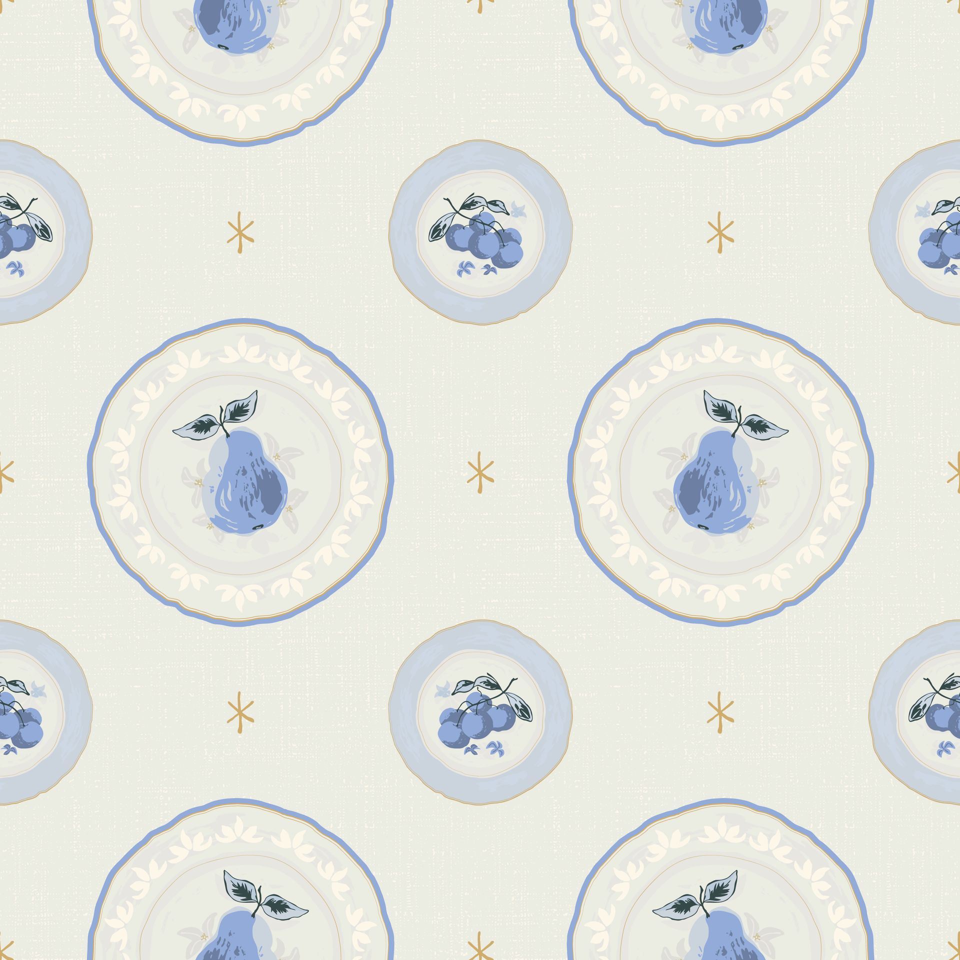 A seamless pattern with blue pears on white plates