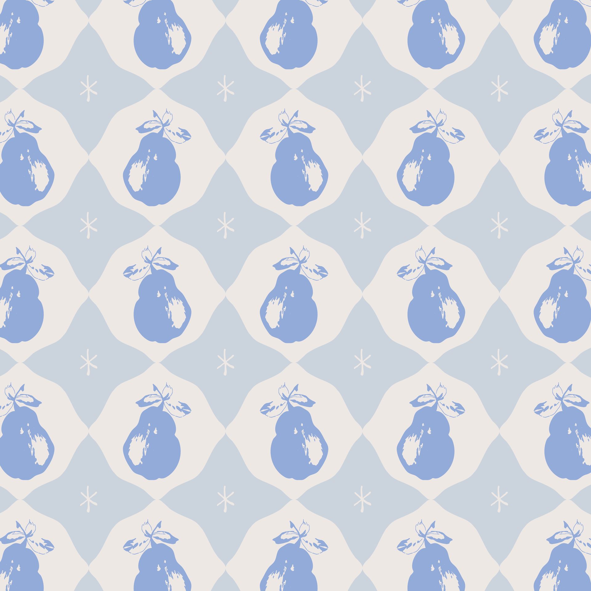 A seamless pattern of blue pears on a white background