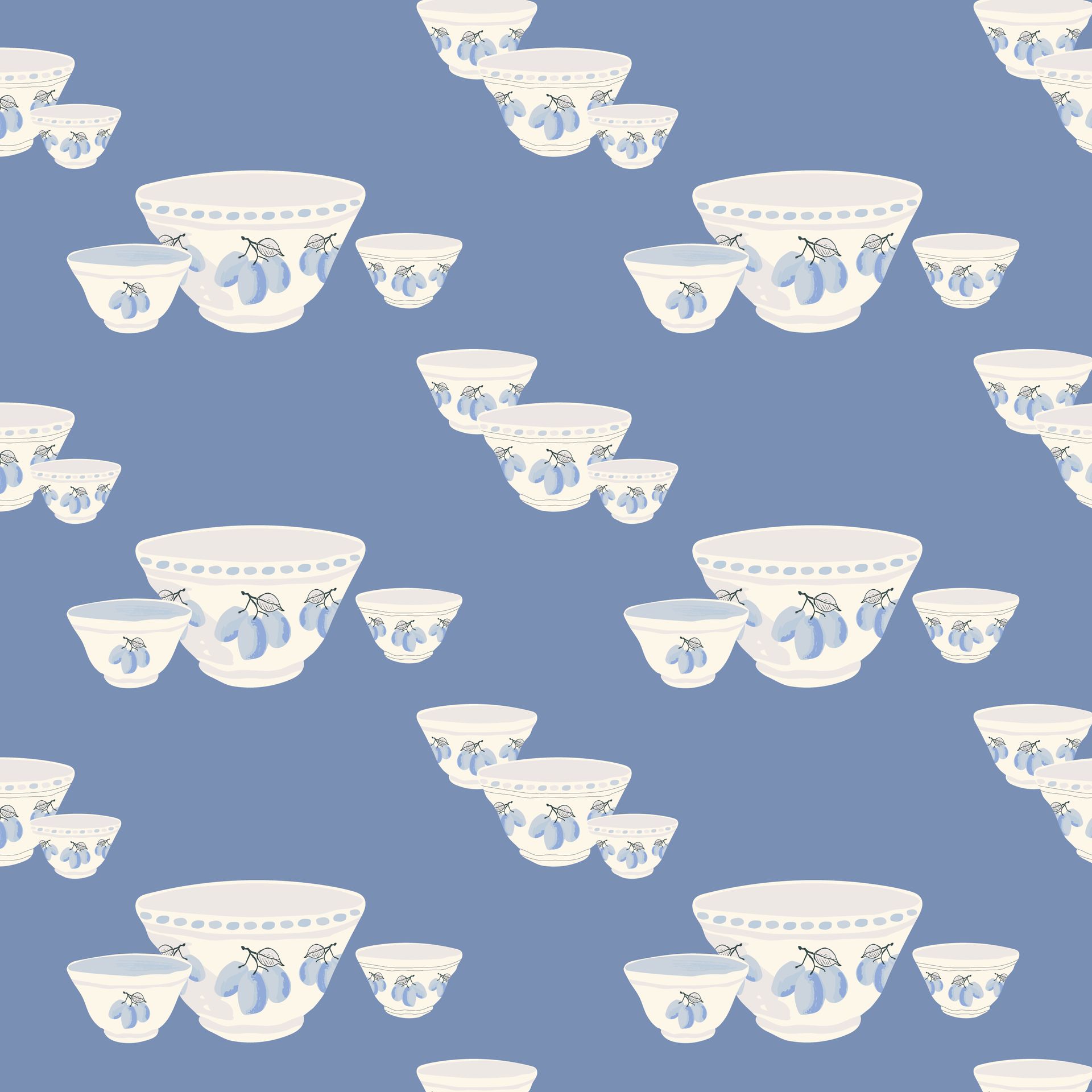 A seamless pattern of white bowls with plums on a blue background.