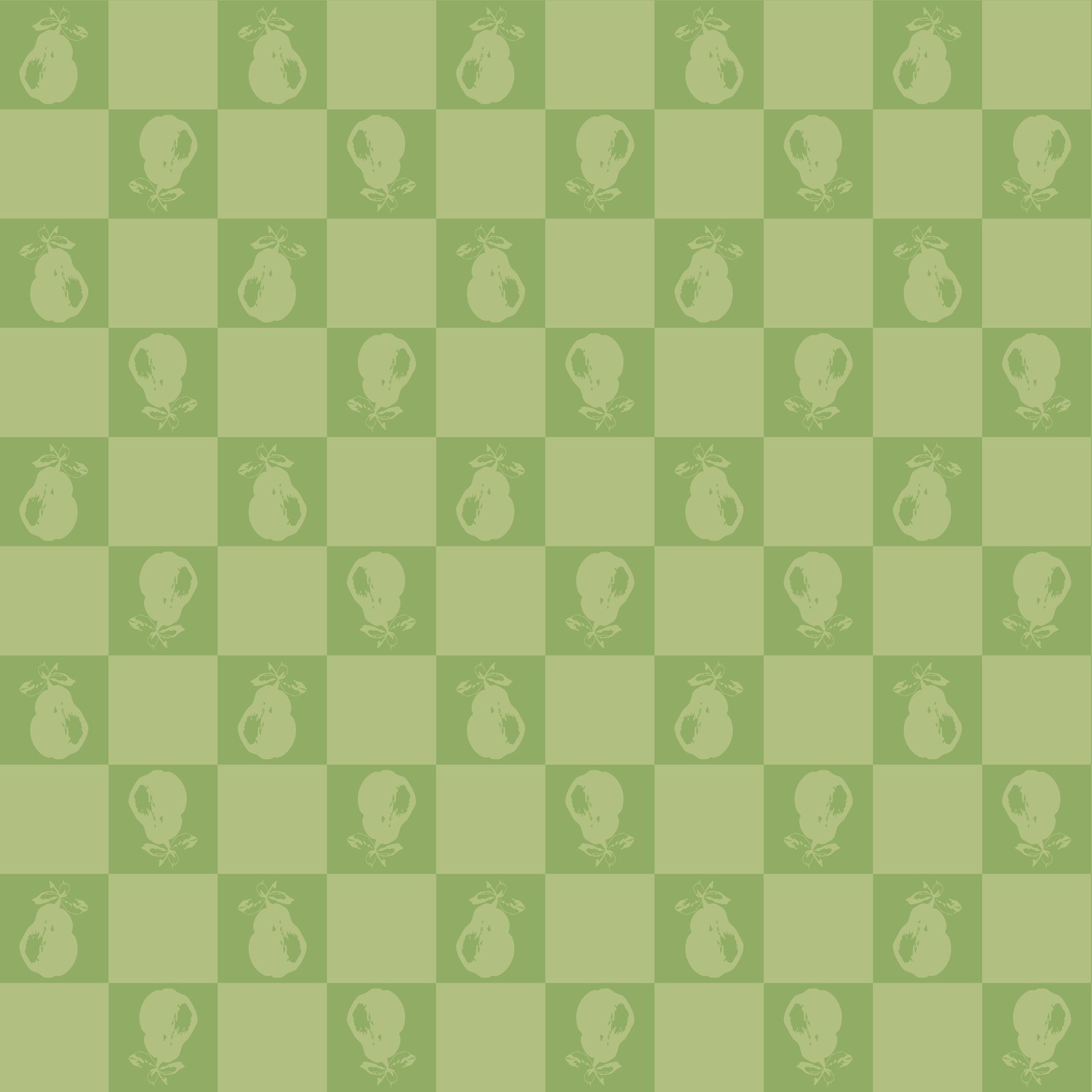 A green checkered background with a pattern of pears on it.