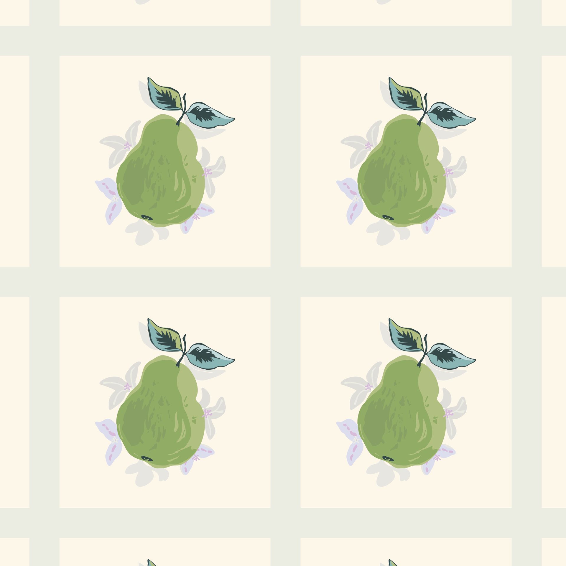 A seamless pattern of green pears with leaves on a white tile background.