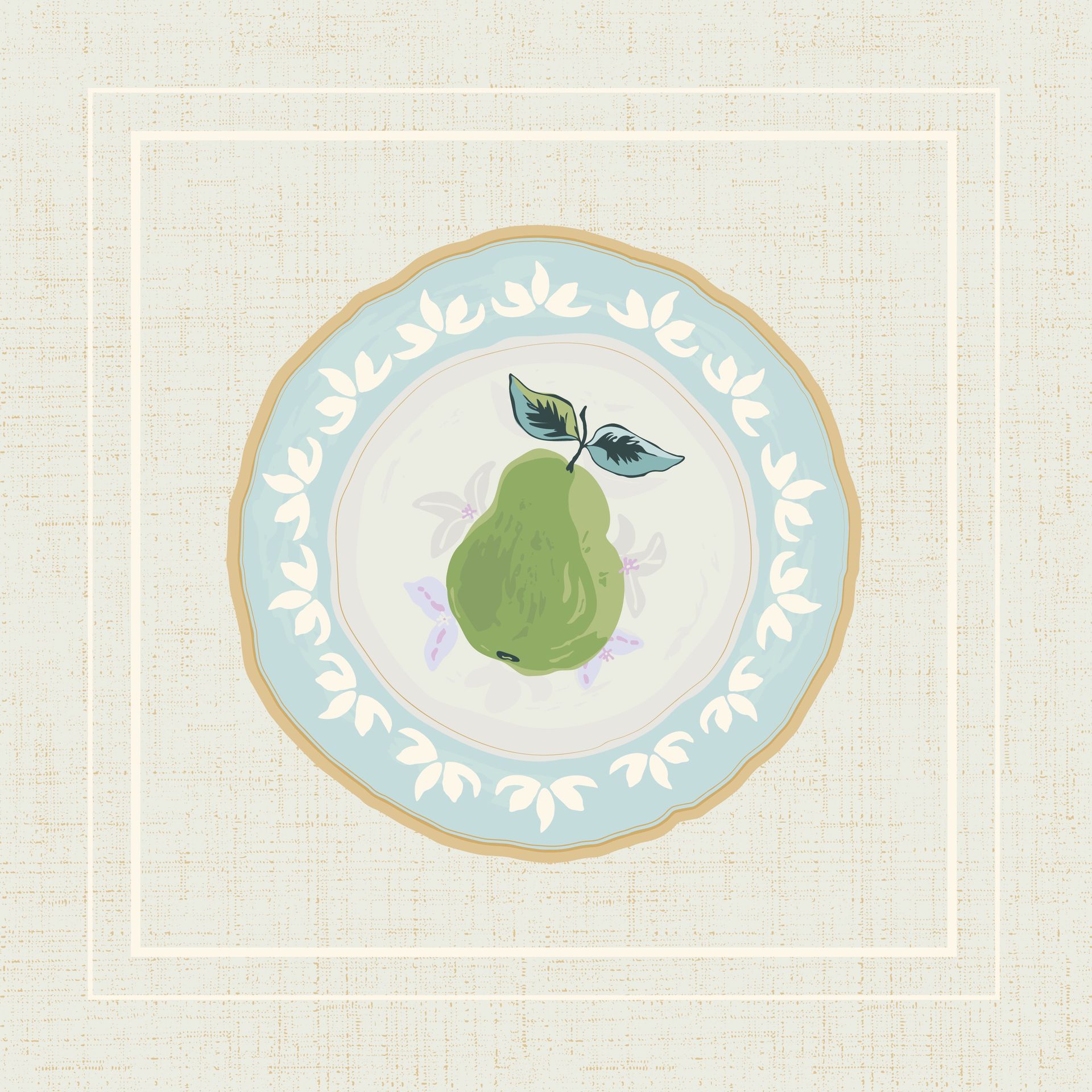 A plate with a green pear on it