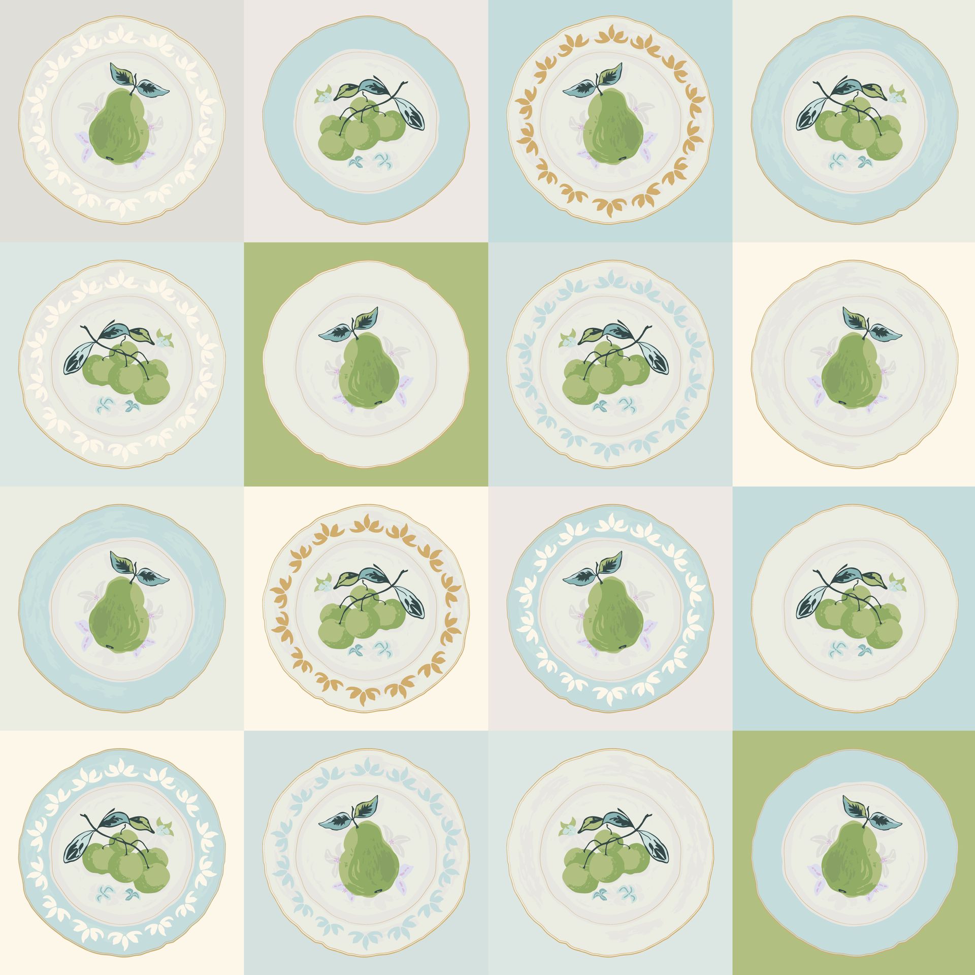 A pattern of plates with green pears on them