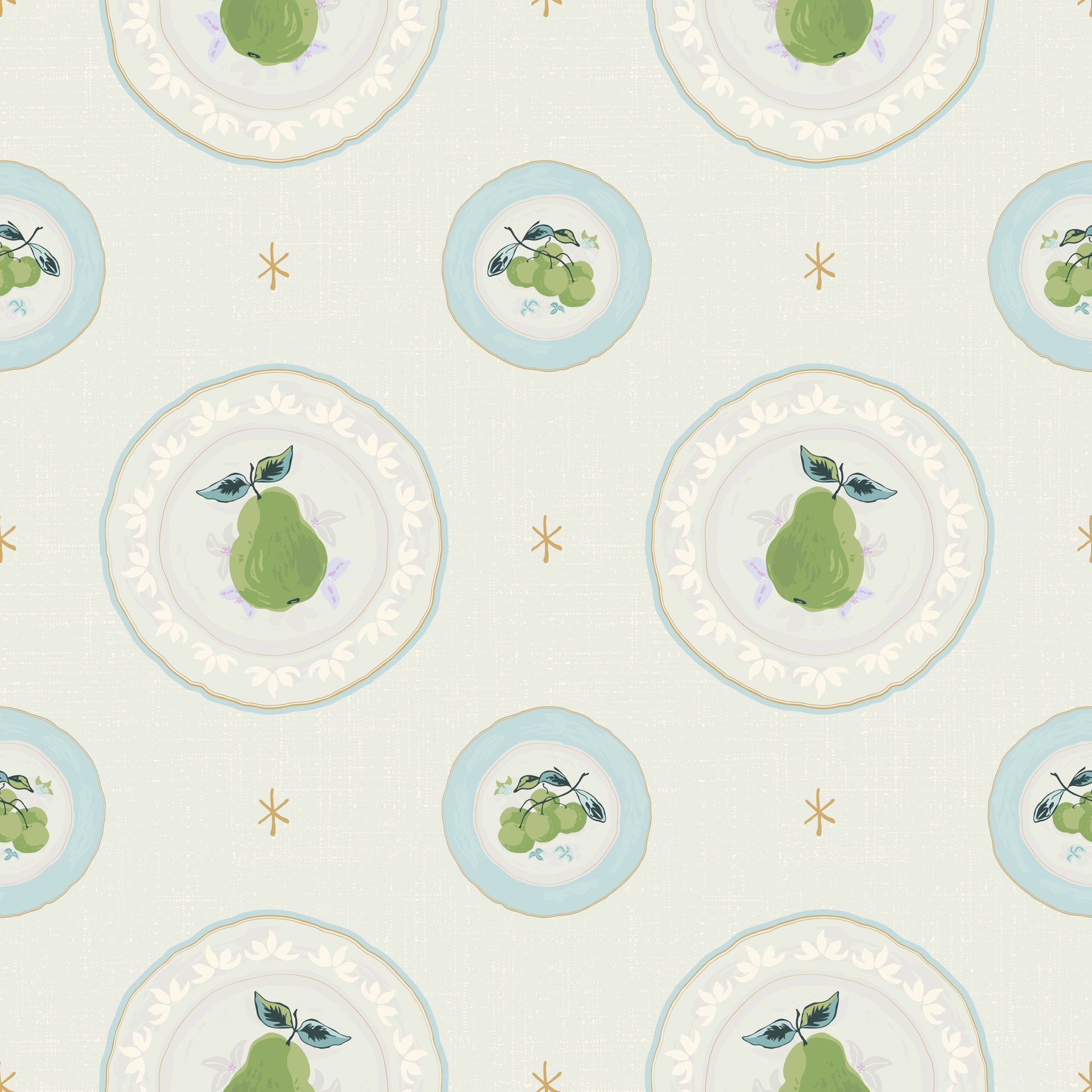 A seamless pattern of plates with green pears on them