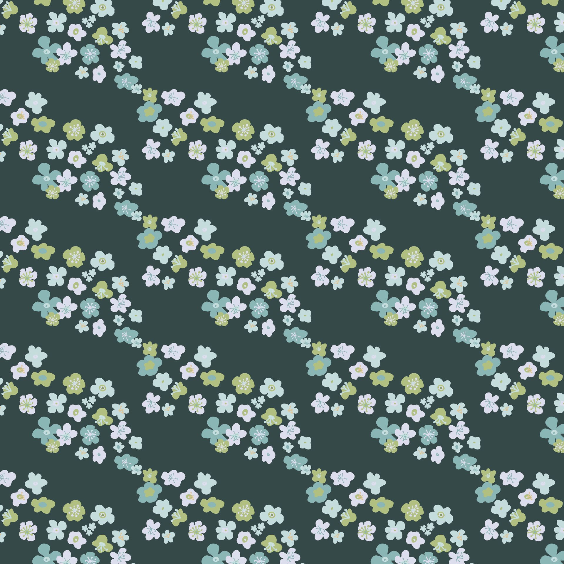 It is a seamless pattern with small flowers on a dark green background.