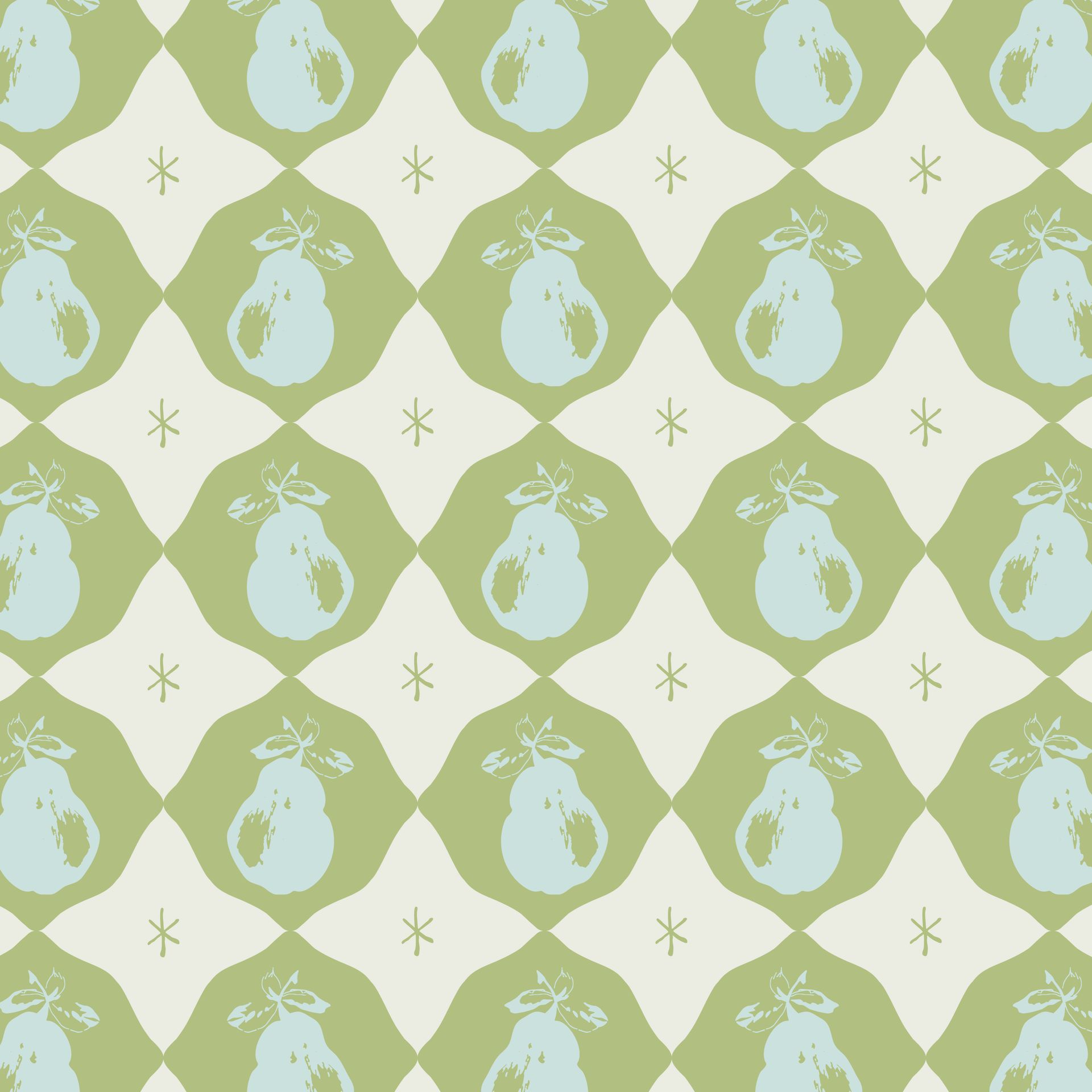A seamless pattern with pears and stars on a green and white background.