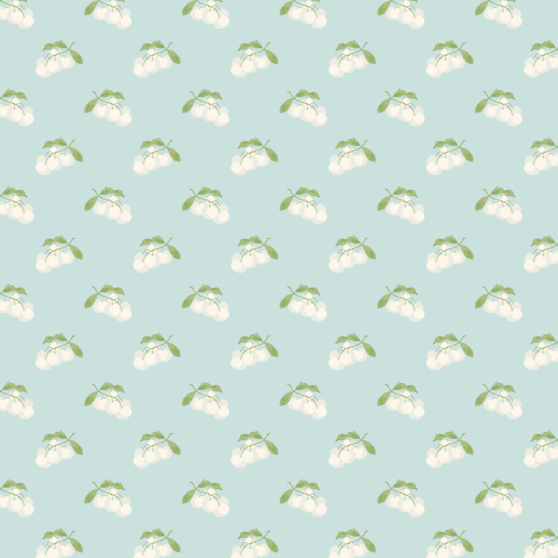 A seamless pattern of white crabapples with green leaves on a light blue background.