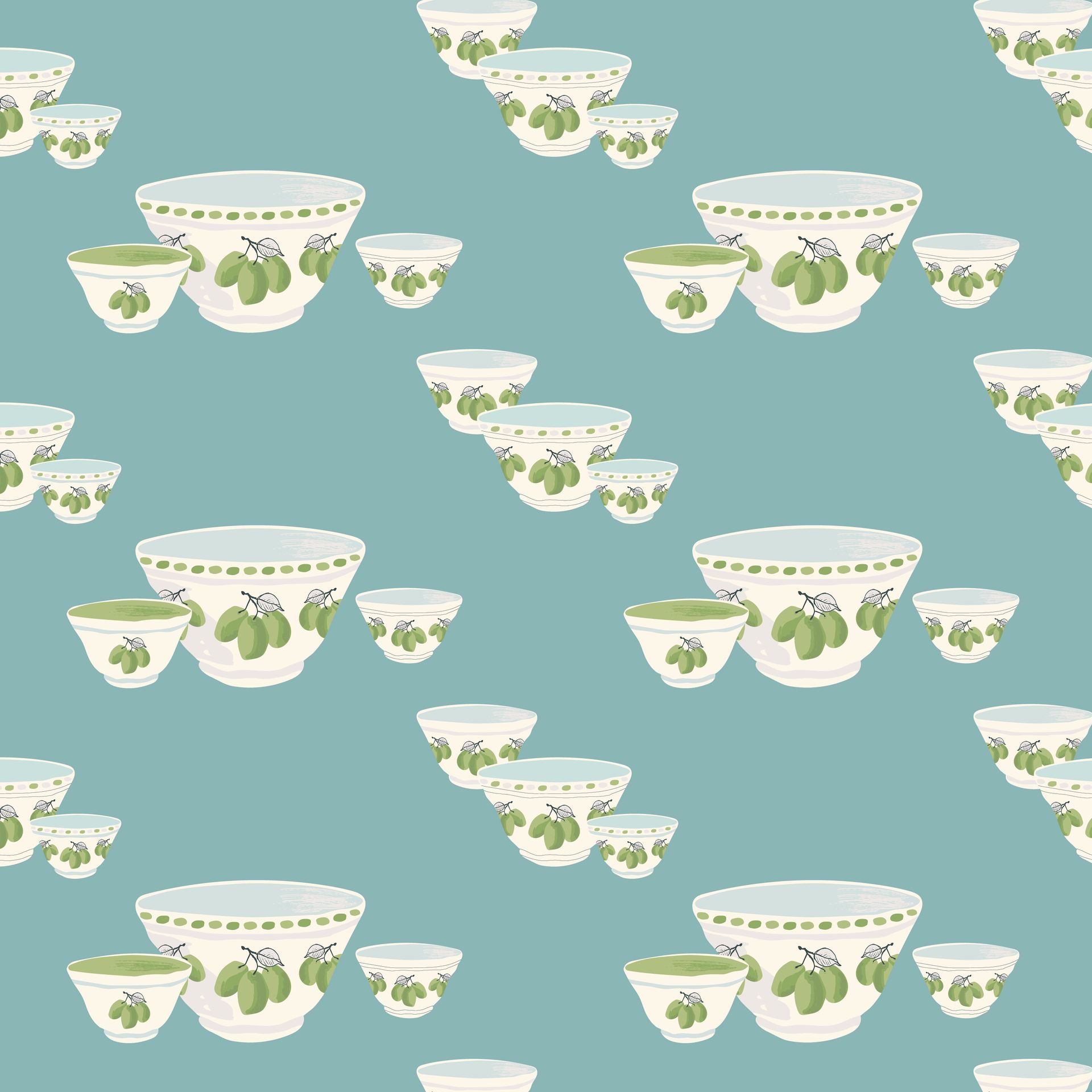 A seamless pattern of bowls with green plums on a blue background.