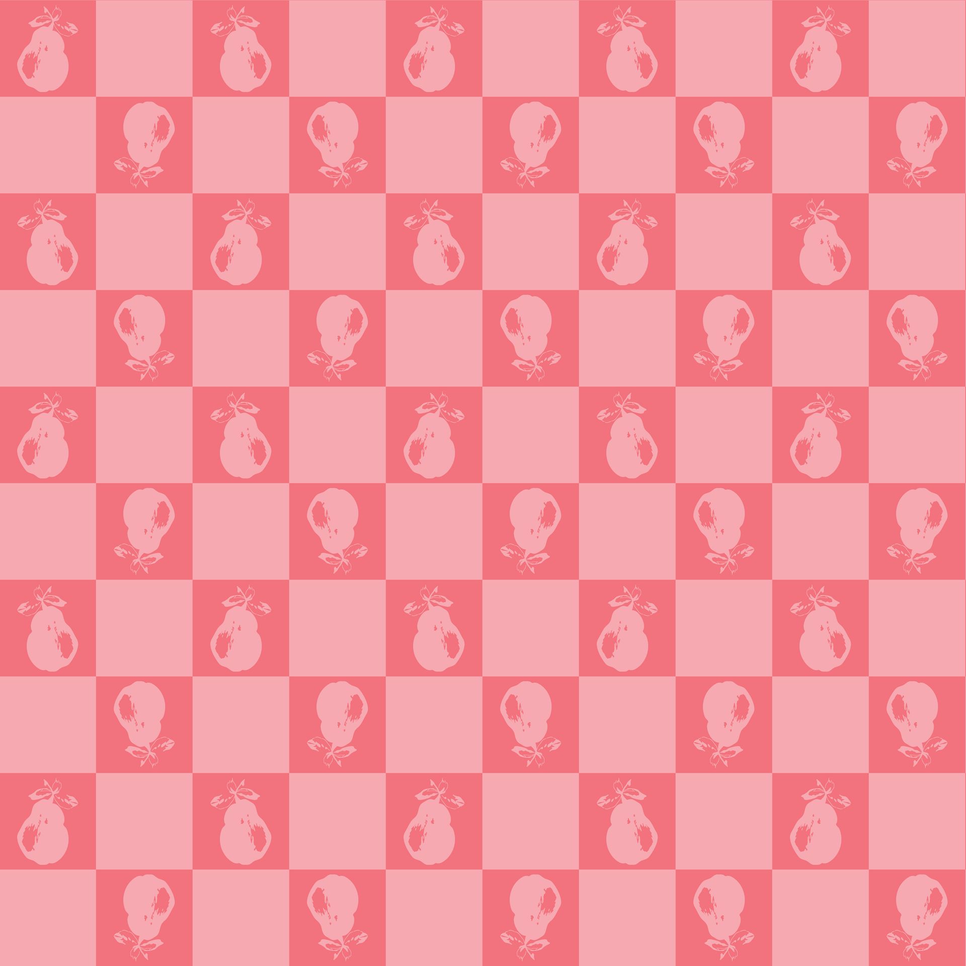 A seamless pattern of pears on a pink checkered background.