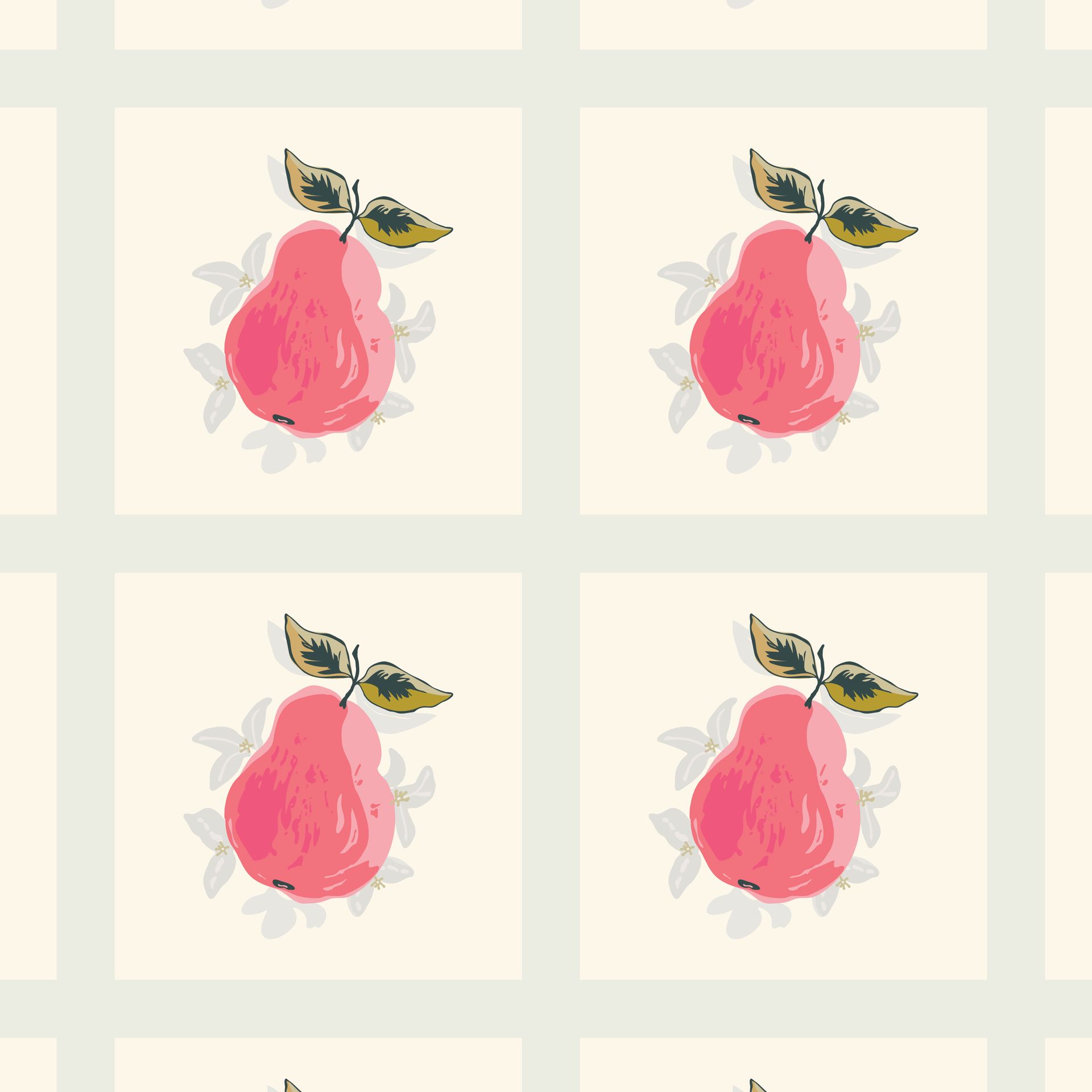 A seamless pattern of pink pears with leaves on a cream tiled background.