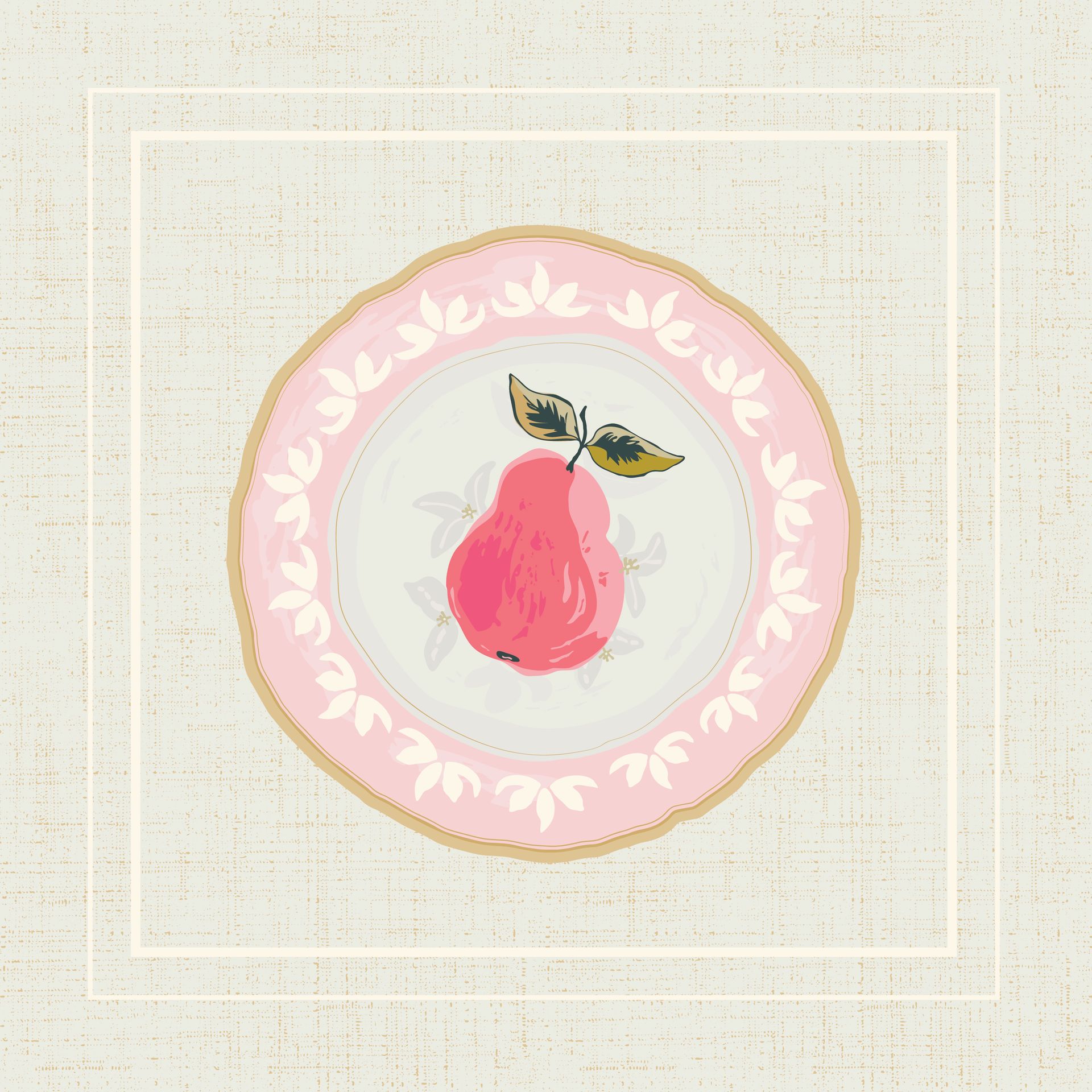 A pink and white plate with a pear on it