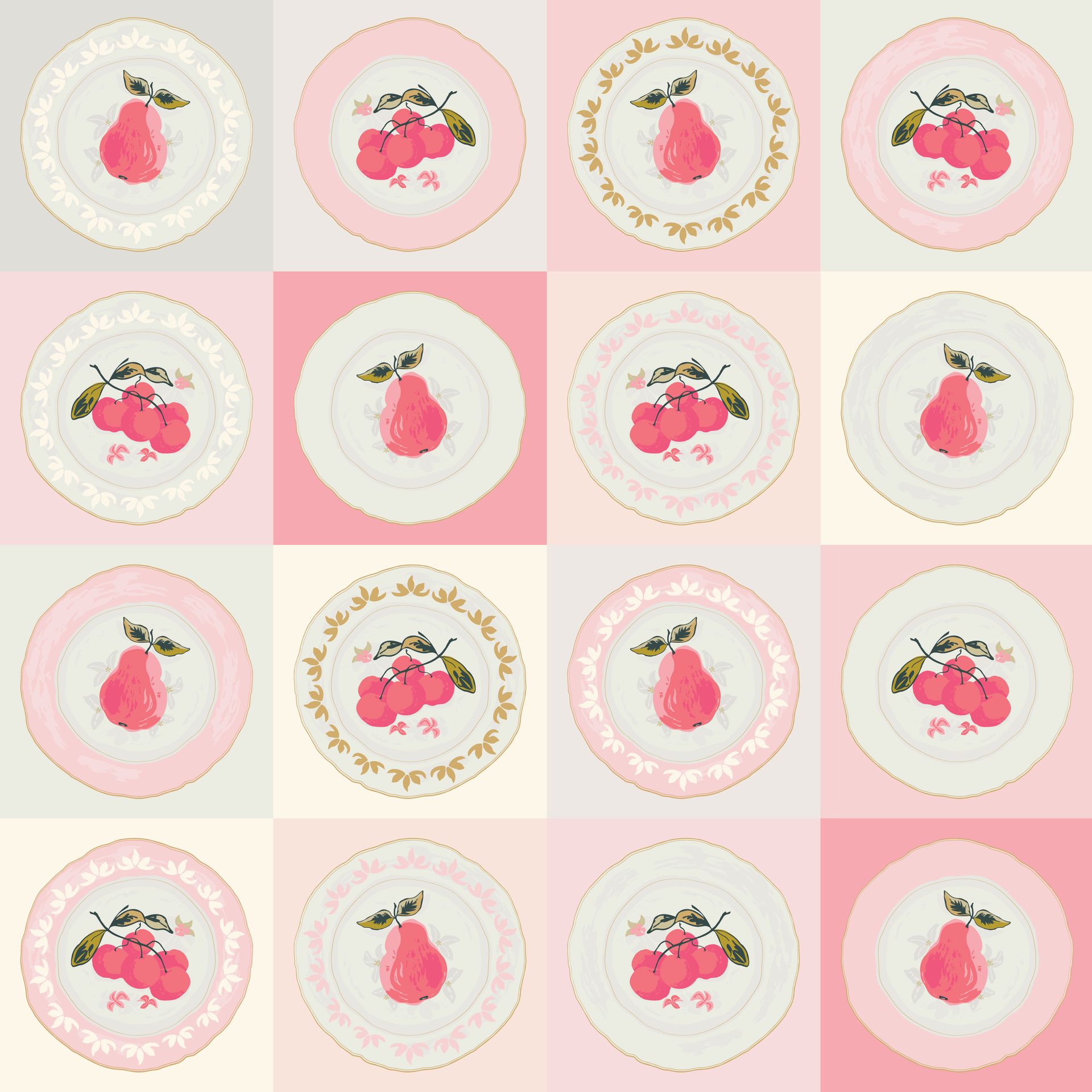 A pattern of pink and white plates with pears on them