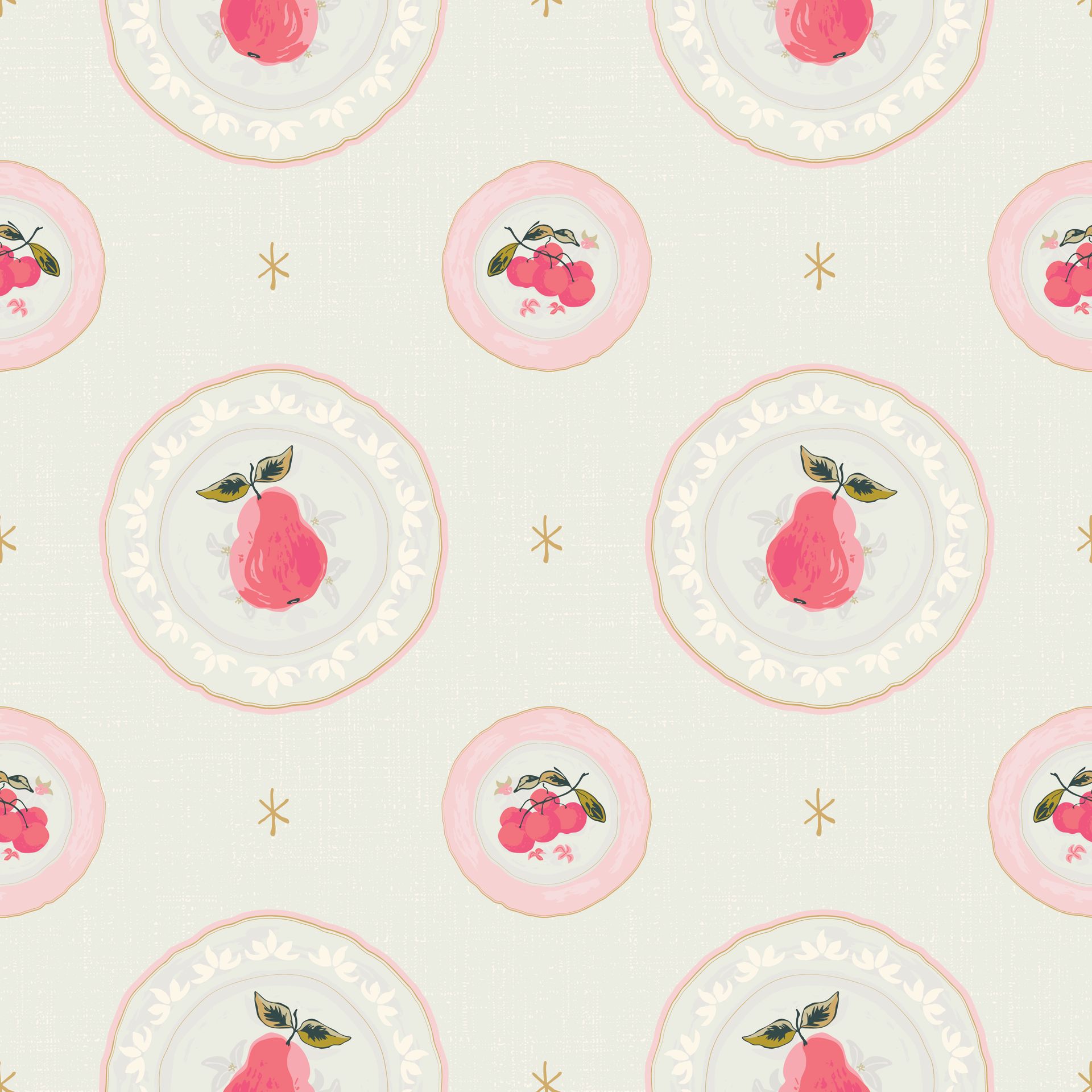 A seamless pattern with pink pears on plates on a textured background