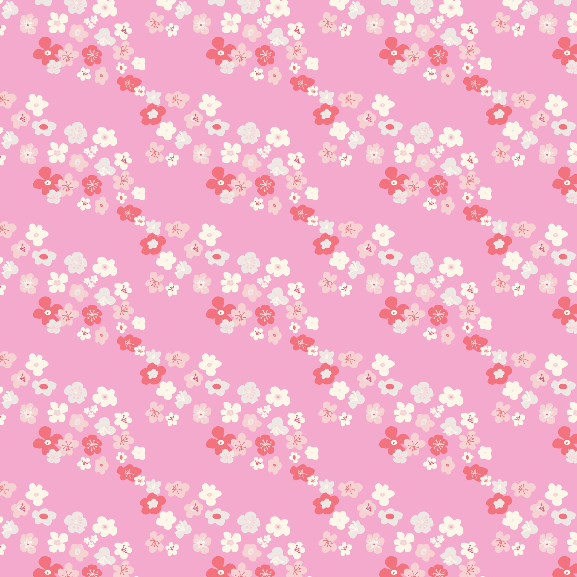 A seamless pattern of pink and white flowers on a pink background.