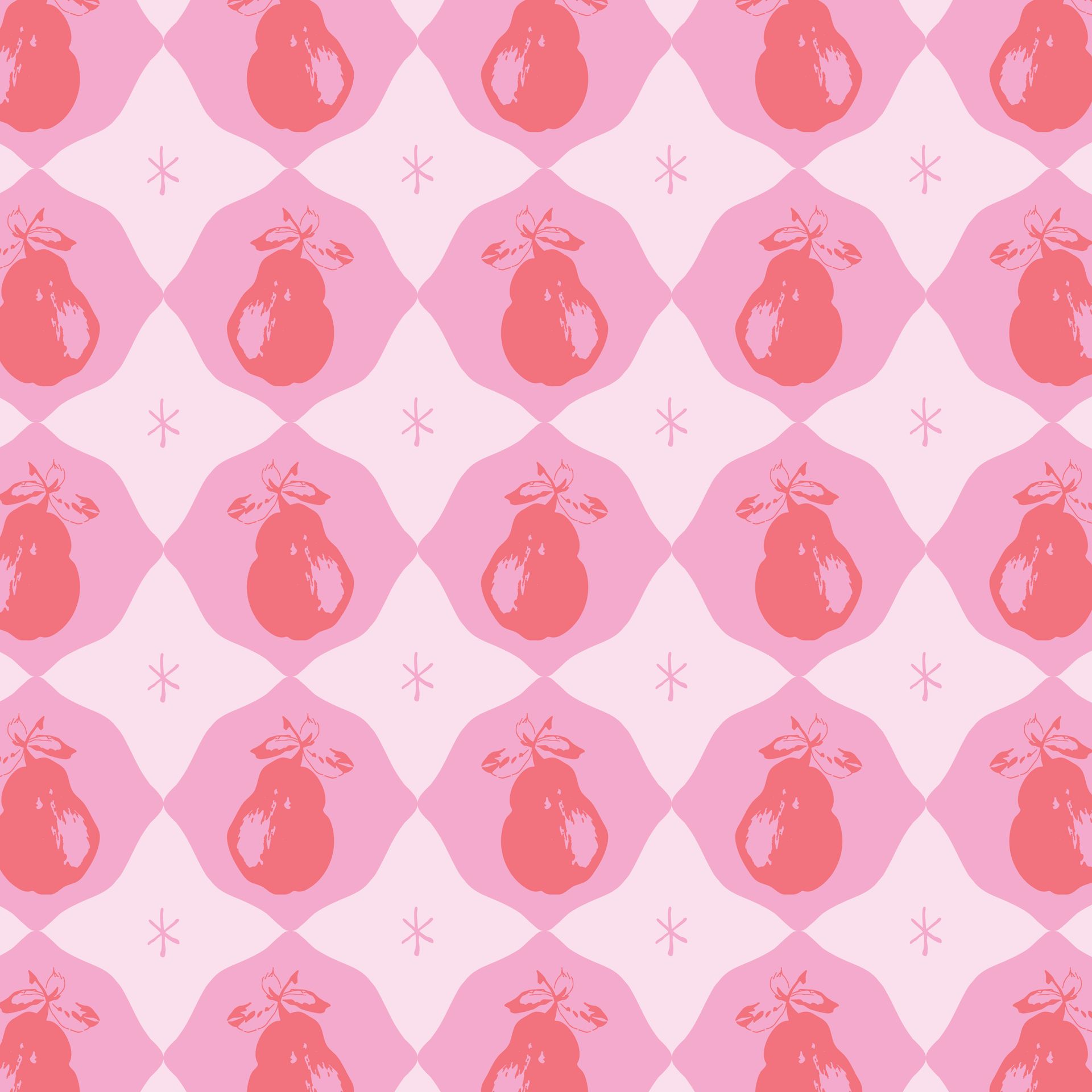 A seamless pattern of red pears on a pink background