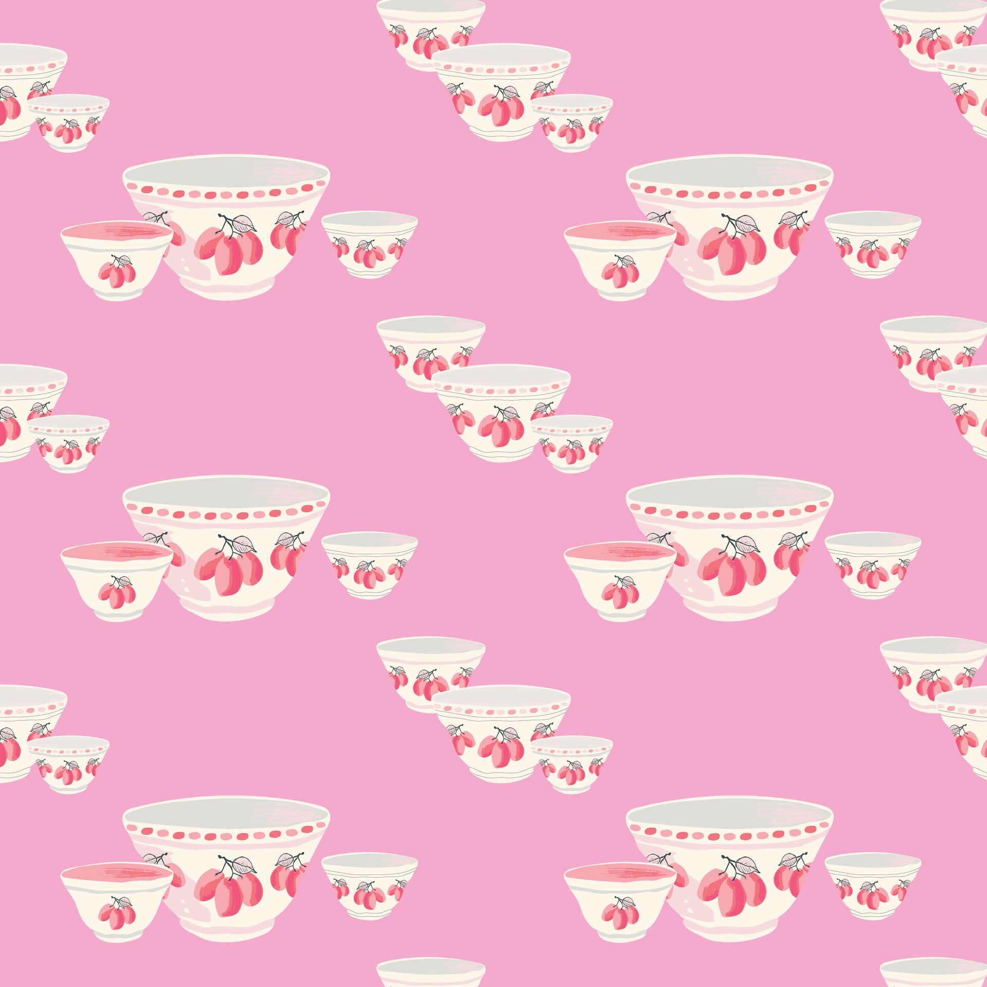 A seamless pattern of bowls with plums on them on a pink background.