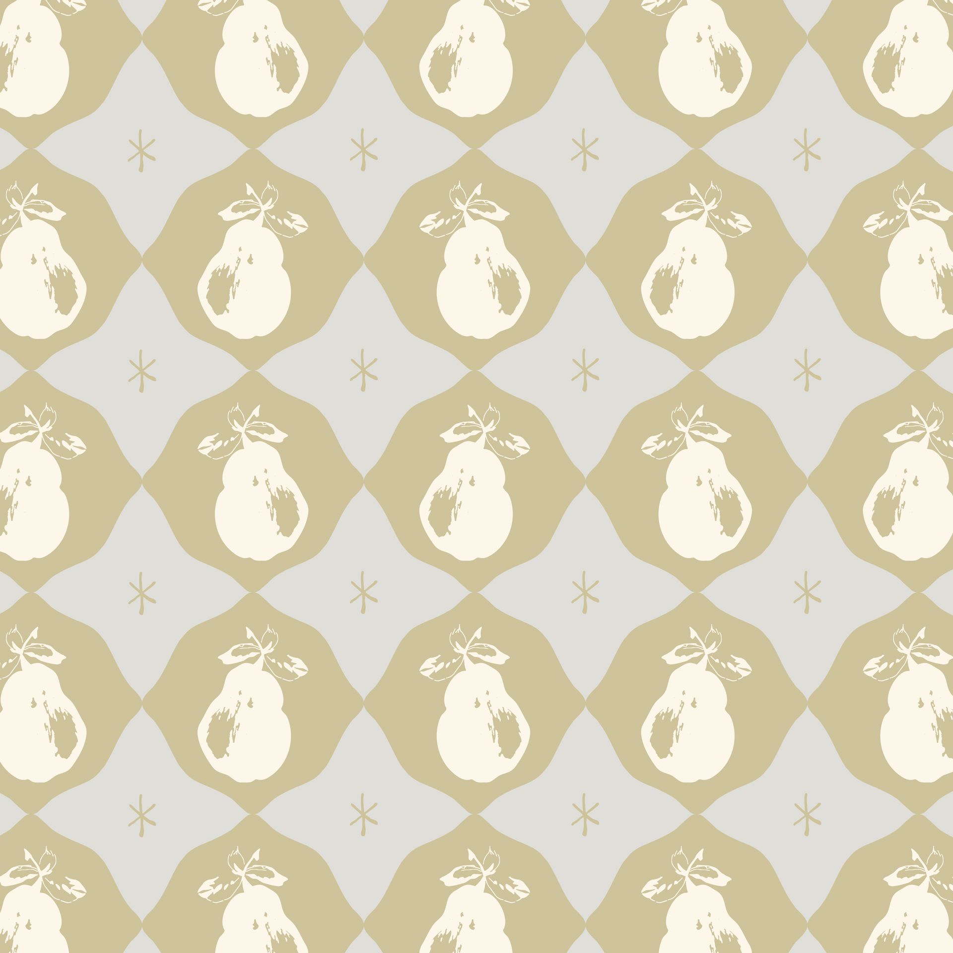 A seamless pattern of white pears on a grey background
