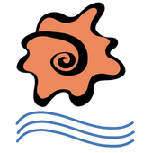Orange abstract spiral logo above three blue wavy lines on a white background