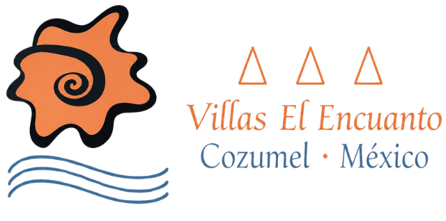 Villas El Encanto logo with orange shell icon and blue waves, labeled Cozumel, México