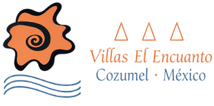 Villas El Encanto logo with orange shell icon and blue waves, labeled Cozumel, México