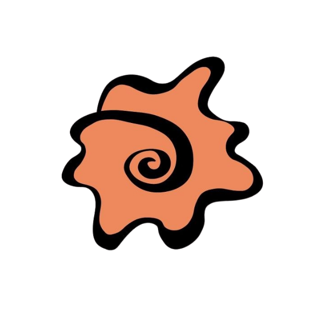 Orange spiral emblem with a black outline on a white background