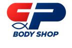 CP Body Shop logo with red "CP" and blue "P" overlapping, a fish symbol below.