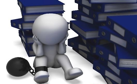Cartoon man chained to books