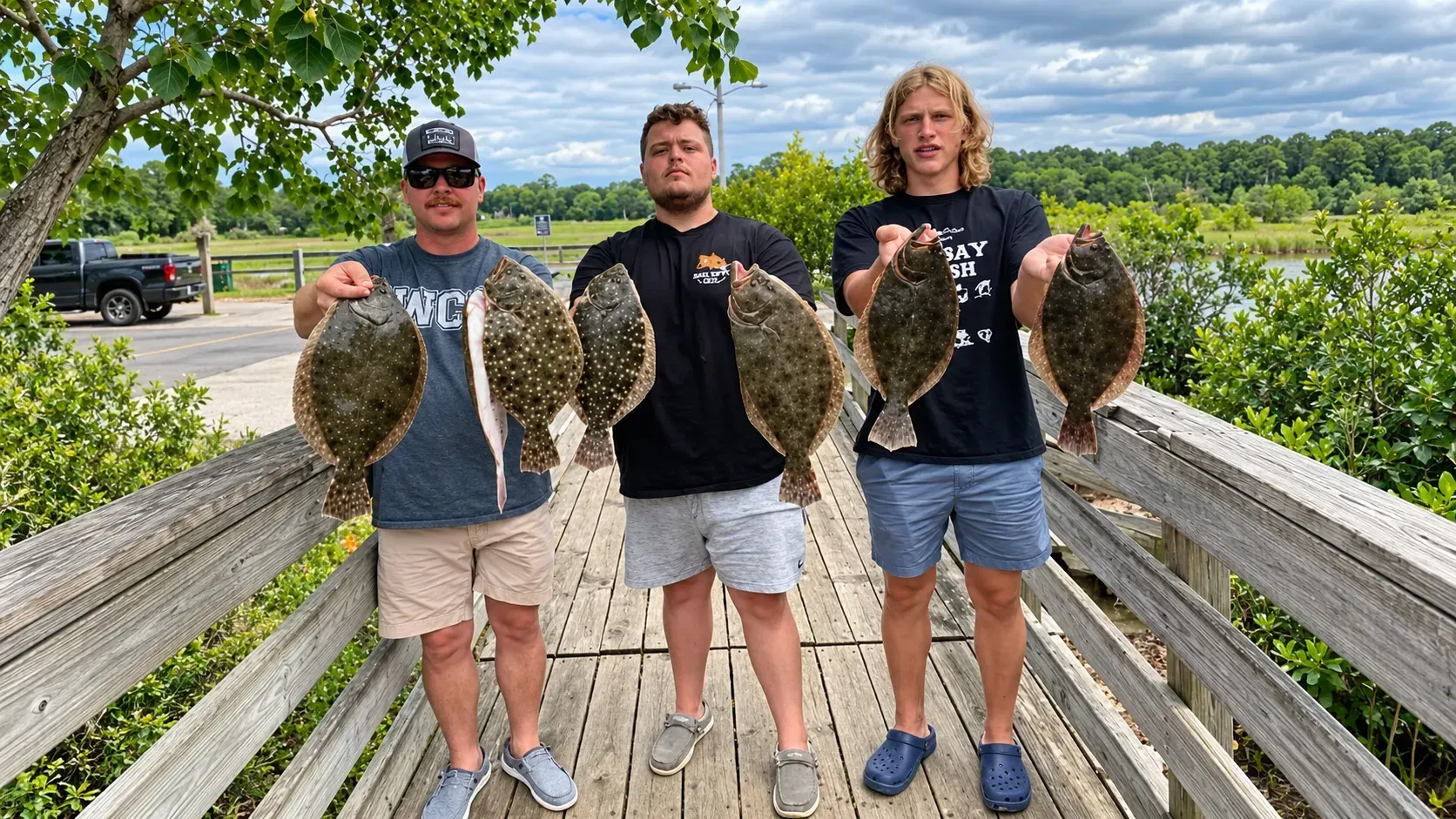 Three people on a wooden bridge holding large fish, with green wetlands and a cloudy sky behind them.