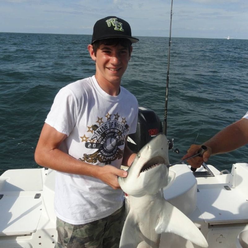 Person on a boat smiling while holding a small shark over the ocean.