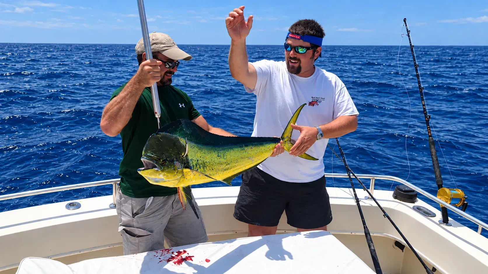Two people on a boat hold up a large yellow-green fish against a blue ocean backdrop.