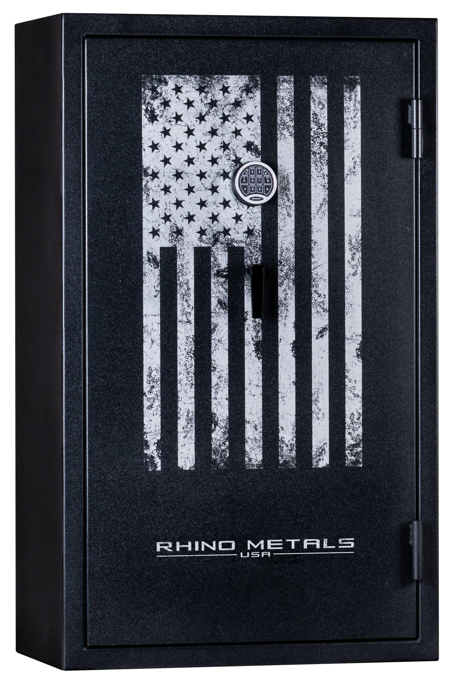 Outside of gray Rhino gun safe with white distressed American flag on it | Springfield MO