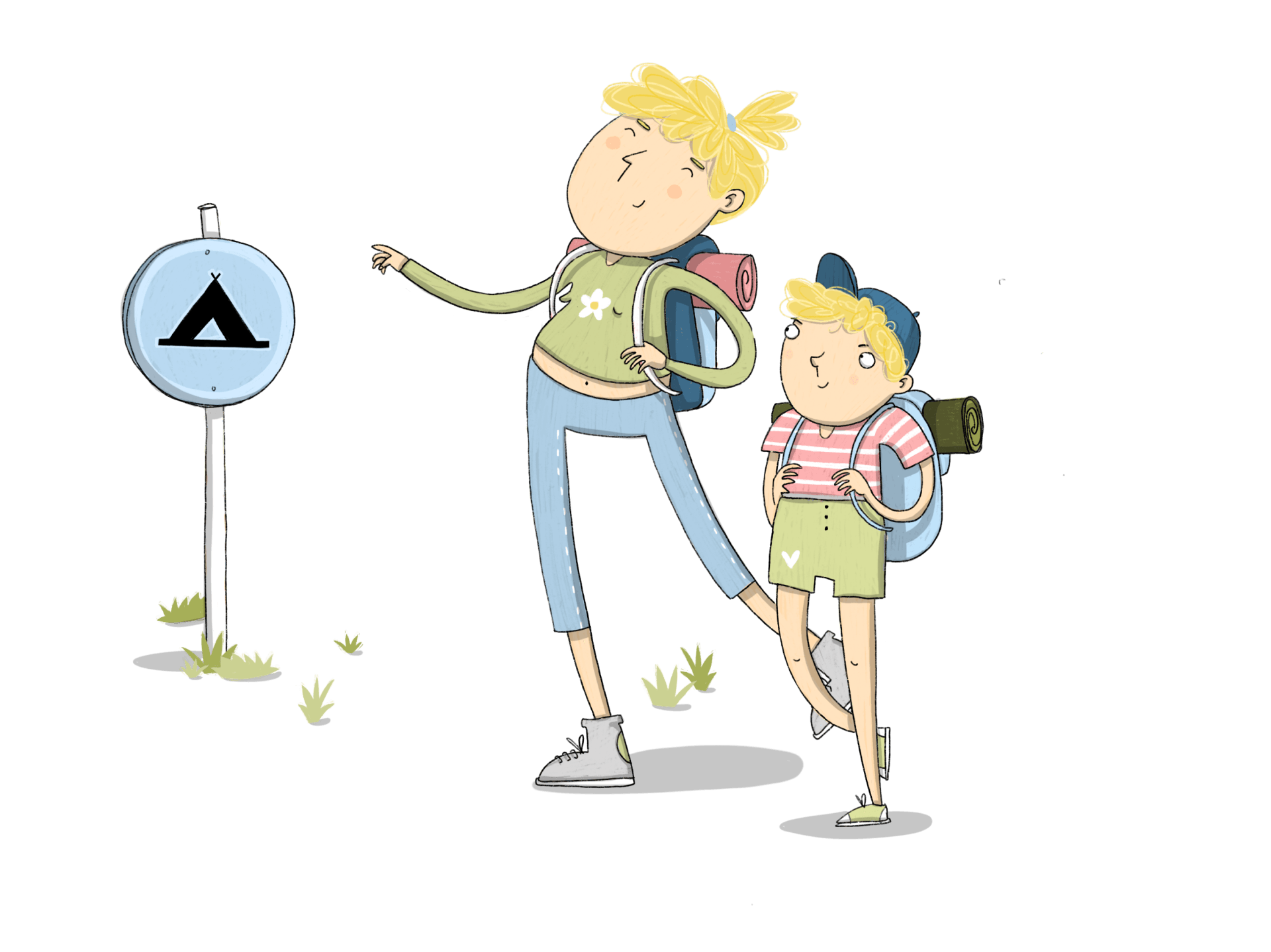 Zwei wandernde Kinder zeigen auf ein Campingplatzschild.