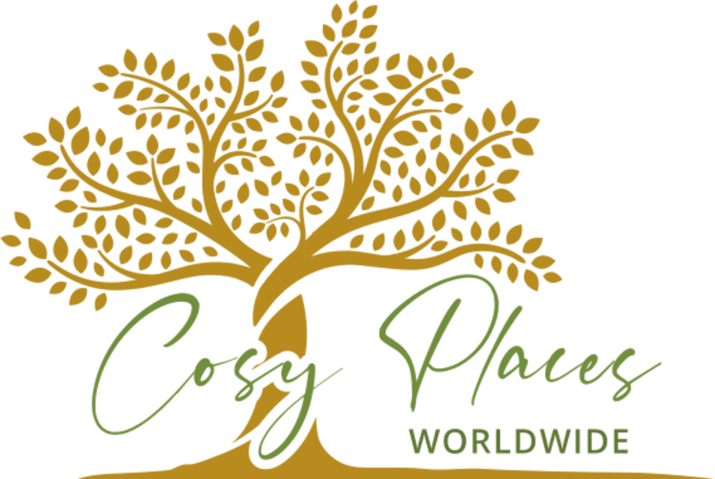 Logo: Goldener Baum mit grünem Text „Cosy Places“, darunter „WORLDWIDE“.