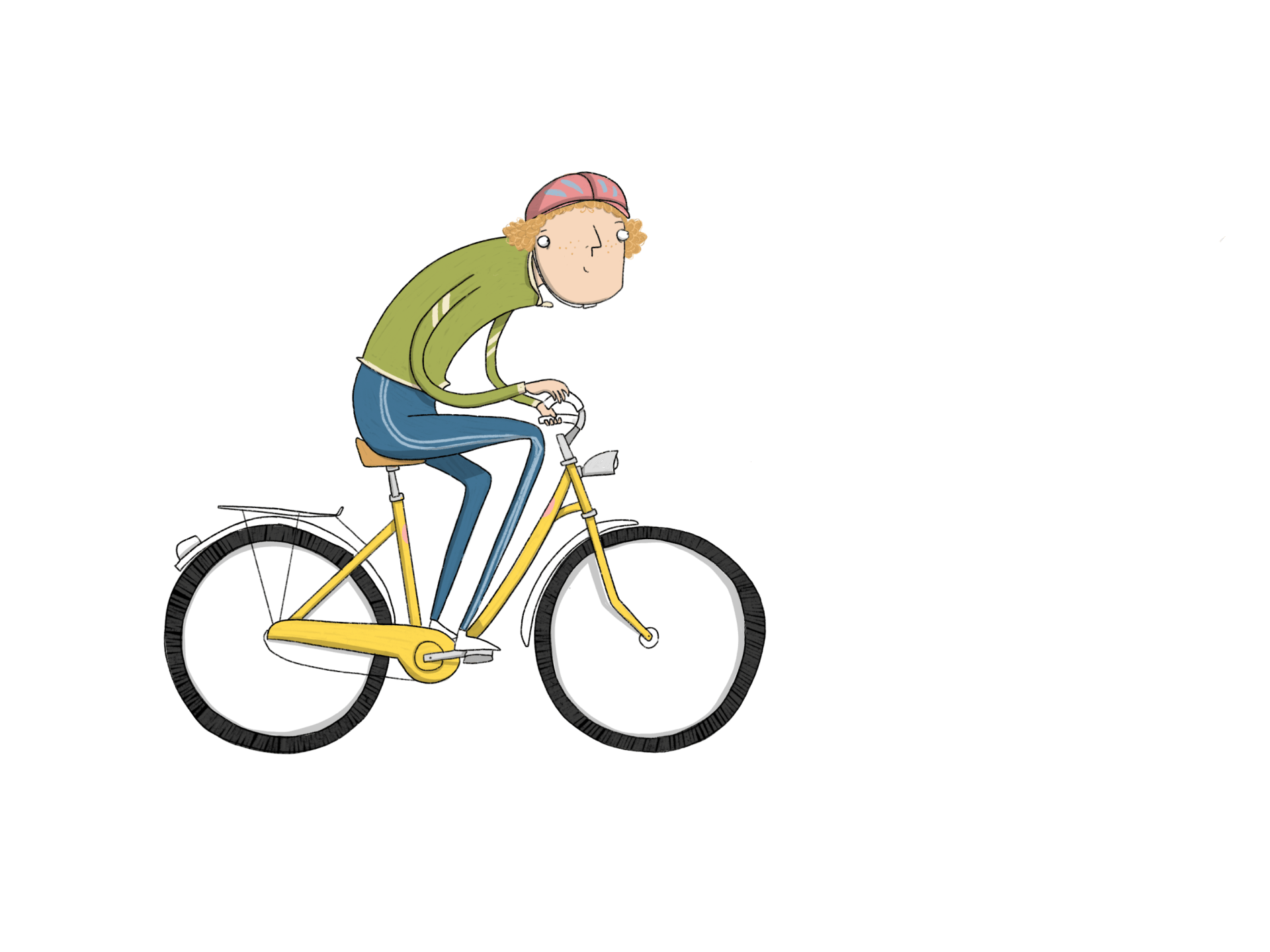 Person auf einem gelben Fahrrad, trägt ein grünes Hemd, Jeans und eine rosa Mütze.